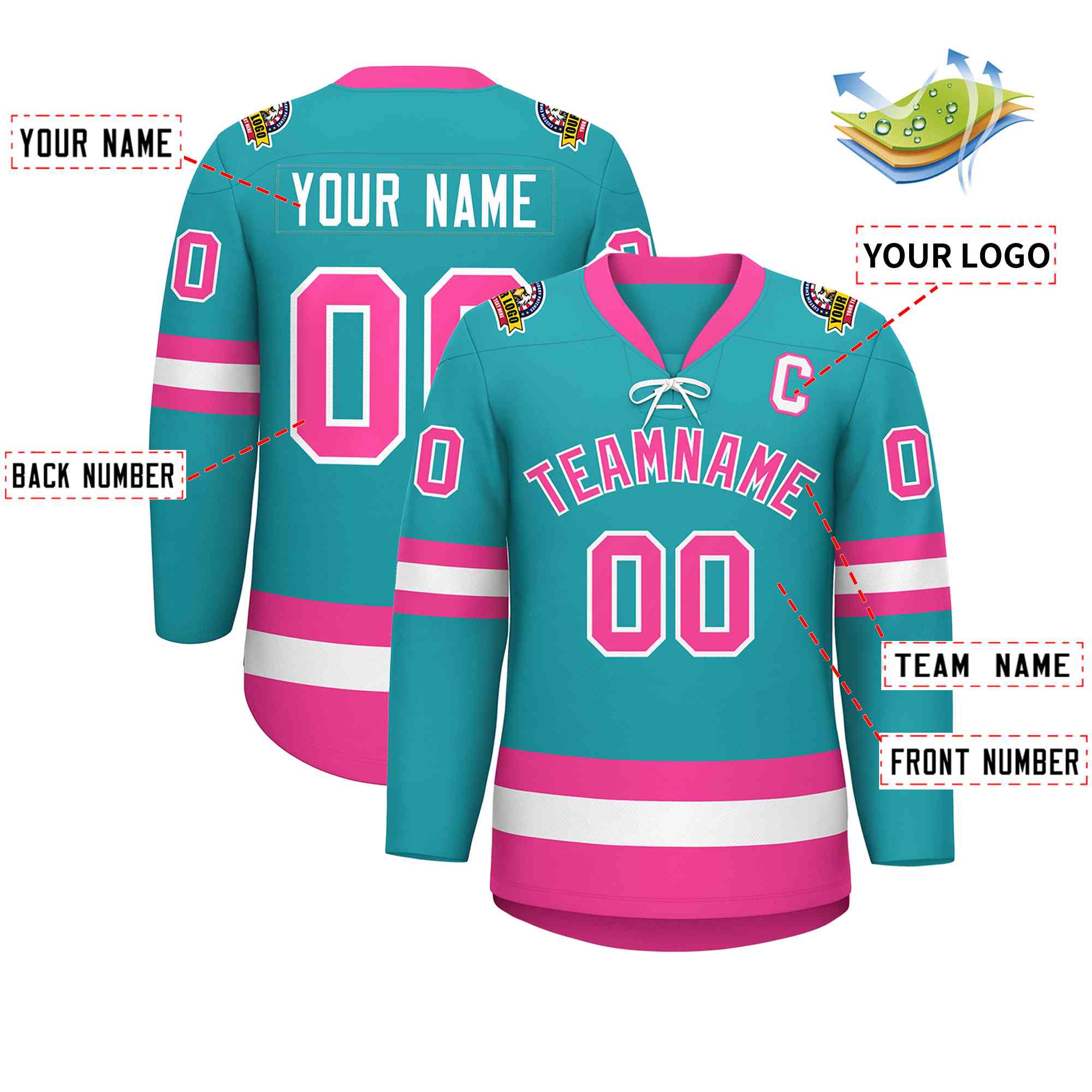 Custom Aqua Pink-White Lace-Up Neck Hockey Jersey | KXKSHOP