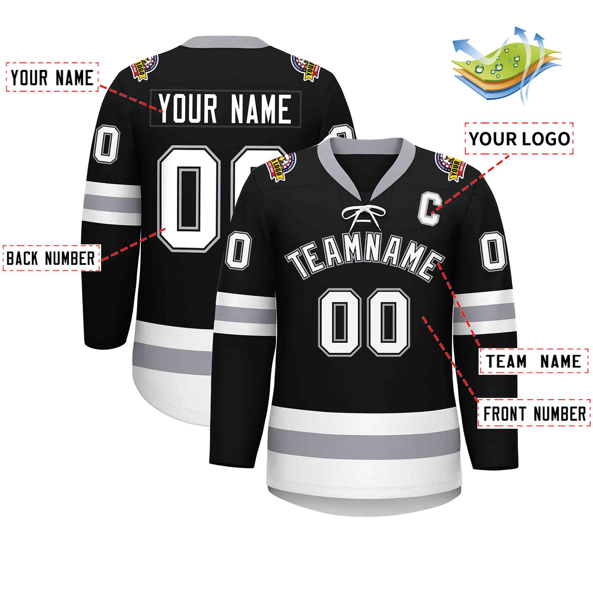 Custom Black White-Gray Lace-Up Neck Hockey Jersey | KXKSHOP