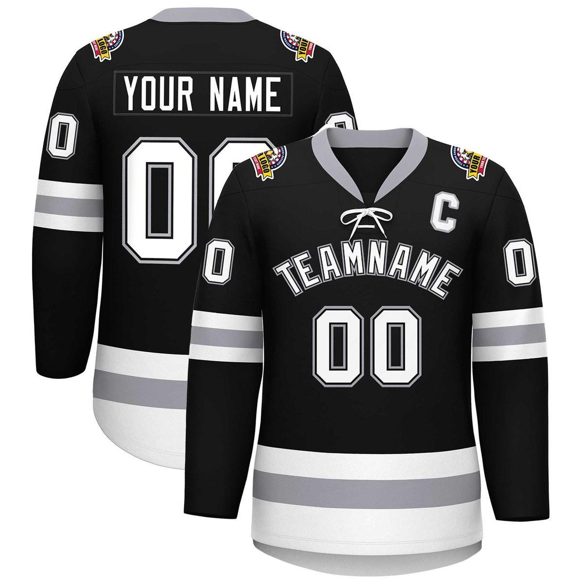 Custom Black White-Gray Lace-Up Neck Hockey Jersey | KXKSHOP