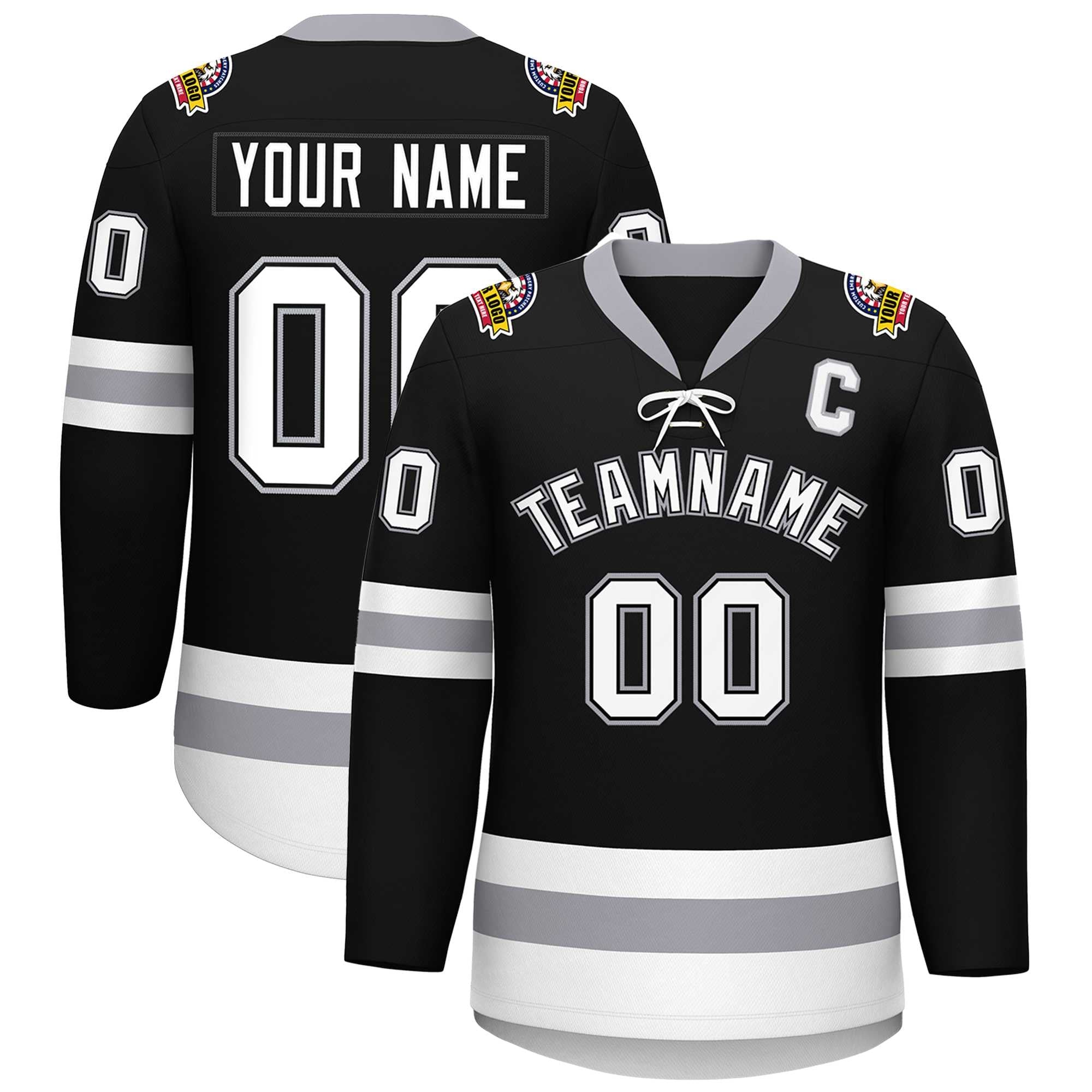 Custom Black White-Gray Lace-Up Neck Hockey Jersey | KXKSHOP
