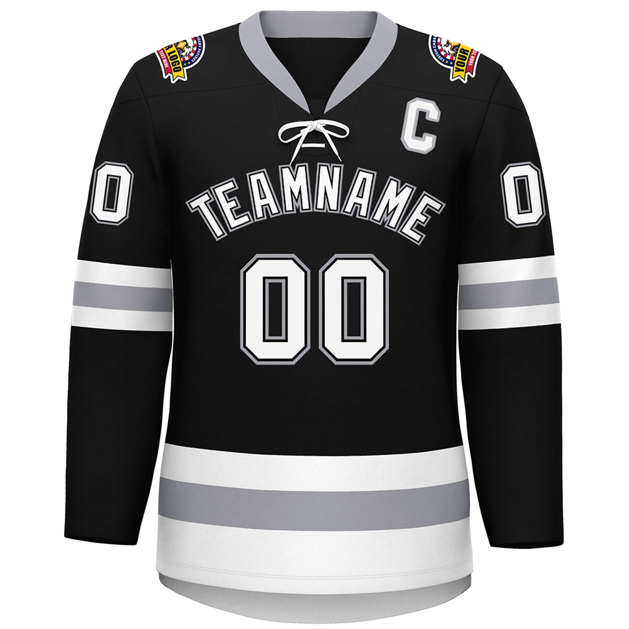 Custom Black White-Gray Lace-Up Neck Hockey Jersey | KXKSHOP