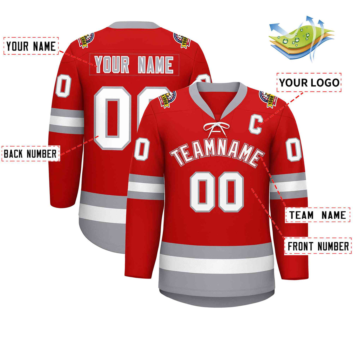 Custom Red White-Gray Lace-Up Neck Hockey Jersey | KXKSHOP