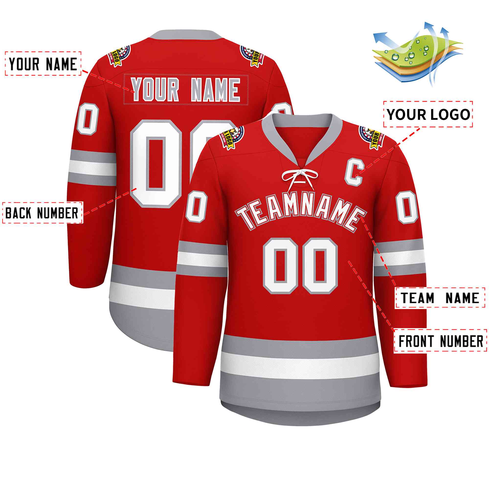 Custom Red White-Gray Lace-Up Neck Hockey Jersey | KXKSHOP