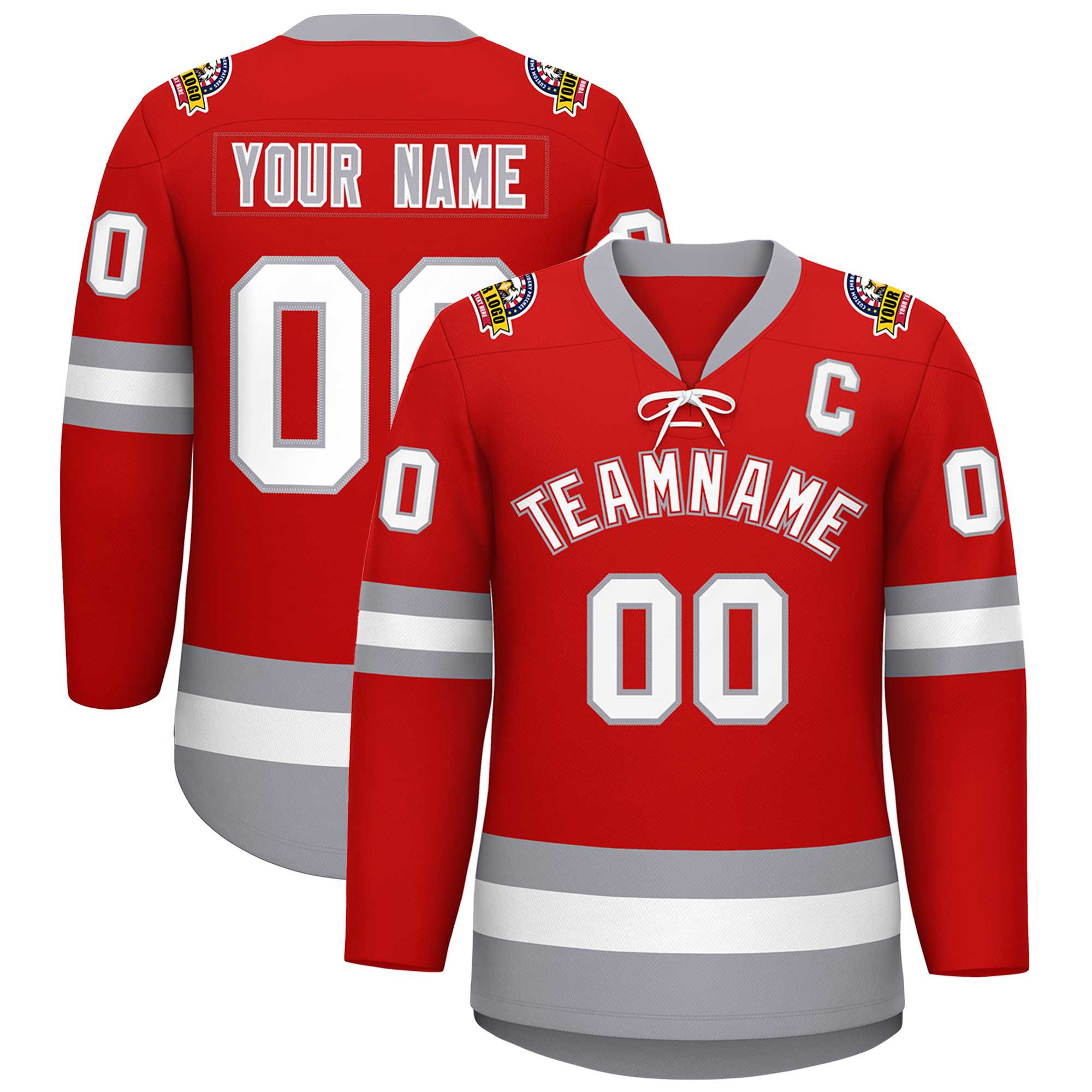 Custom Red White-Gray Lace-Up Neck Hockey Jersey | KXKSHOP