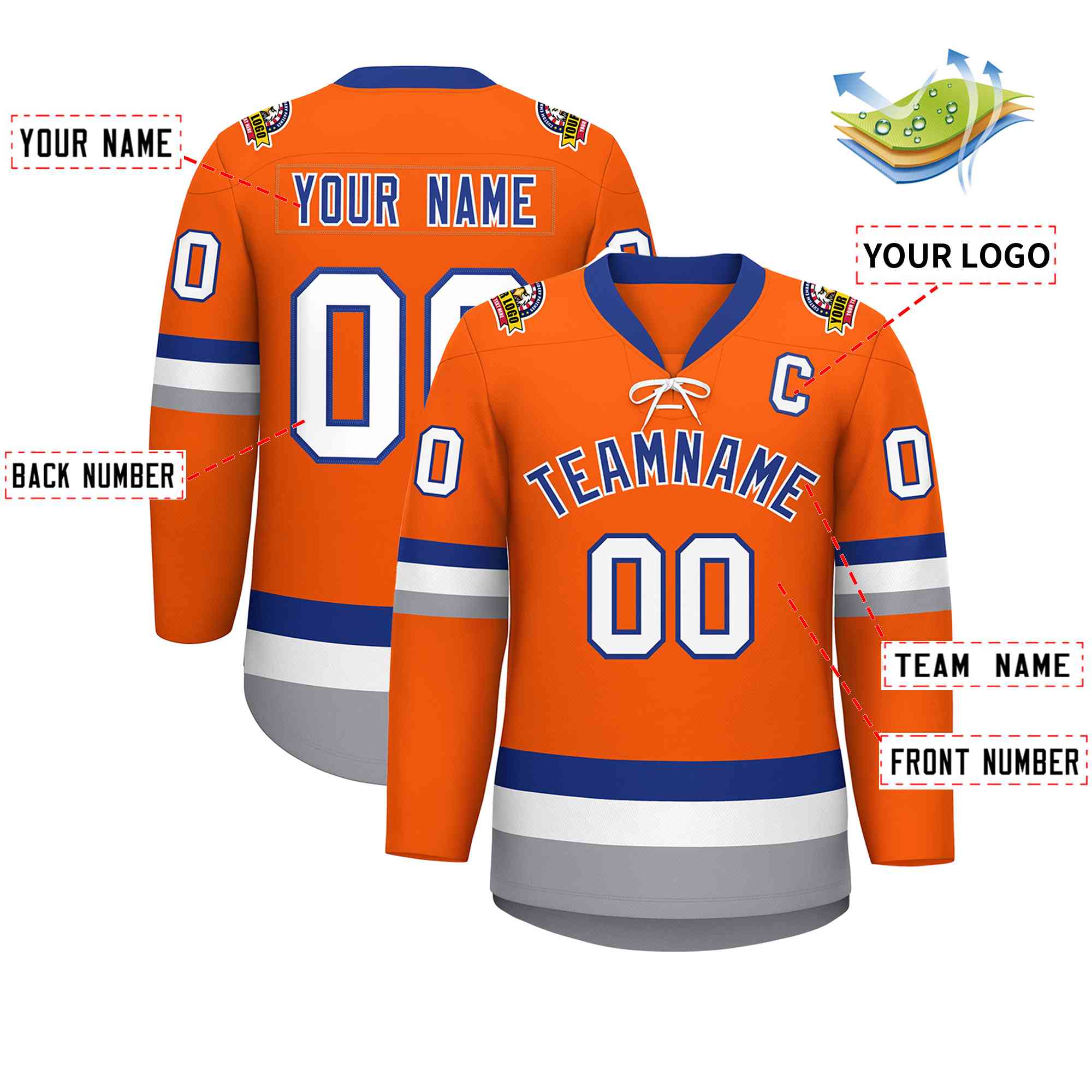 Custom Orange Royal-White Lace-Up Neck Hockey Jersey | KXKSHOP