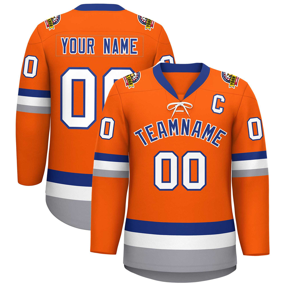 Custom Orange Royal-White Lace-Up Neck Hockey Jersey | KXKSHOP