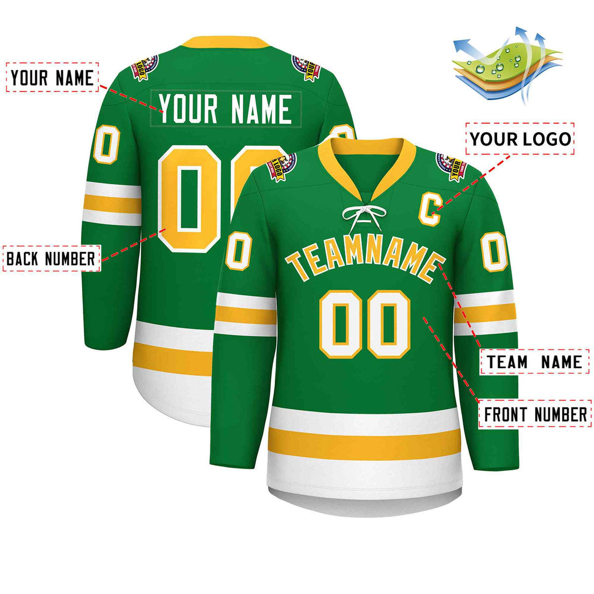 Custom Kelly Green Gold-White Lace-Up Neck Hockey Jersey | KXKSHOP