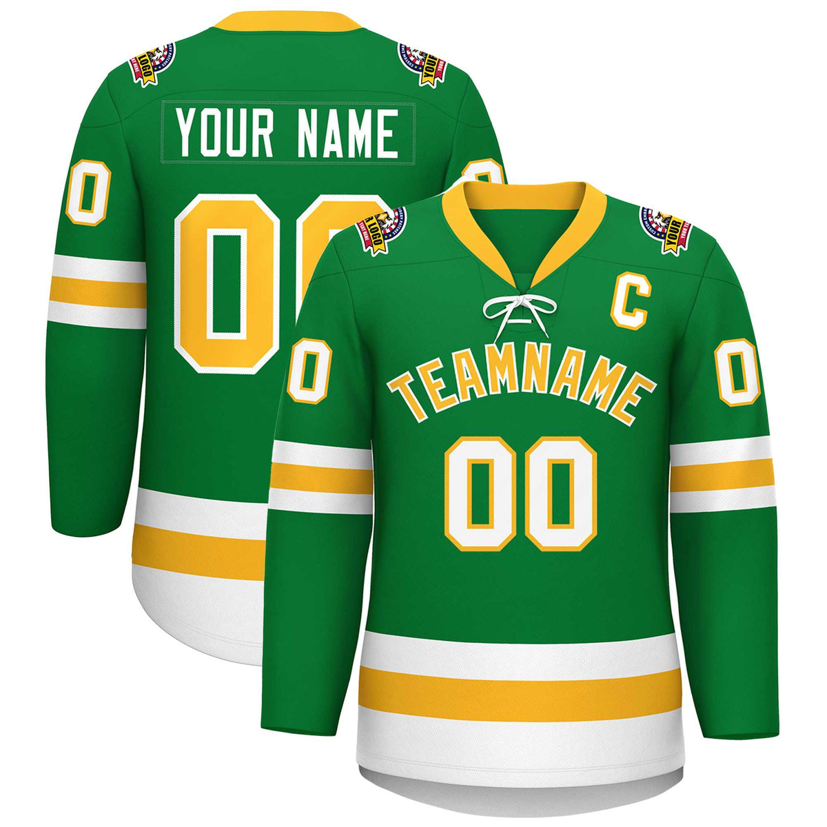 Custom Kelly Green Gold-White Lace-Up Neck Hockey Jersey | KXKSHOP