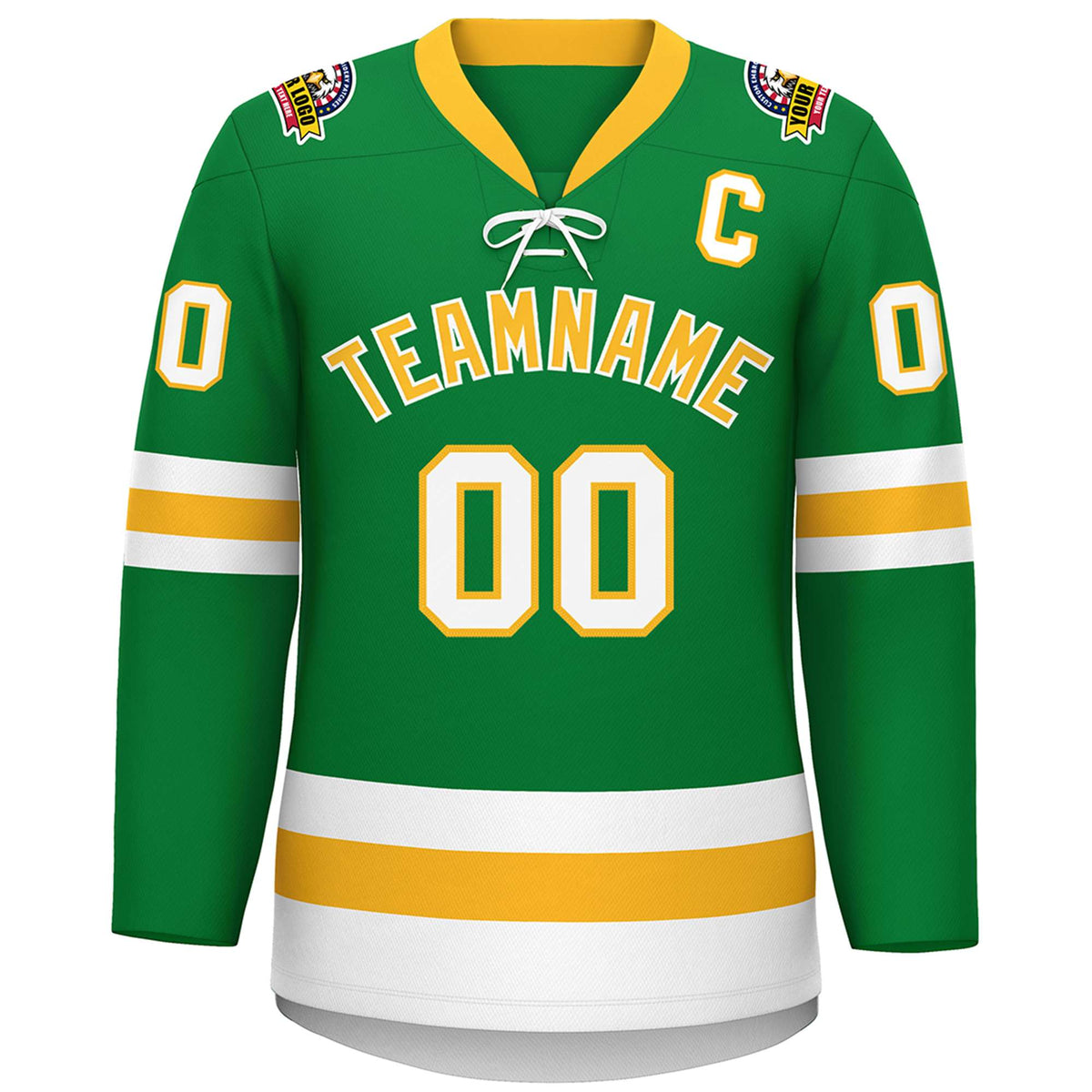 Custom Kelly Green Gold-White Lace-Up Neck Hockey Jersey | KXKSHOP