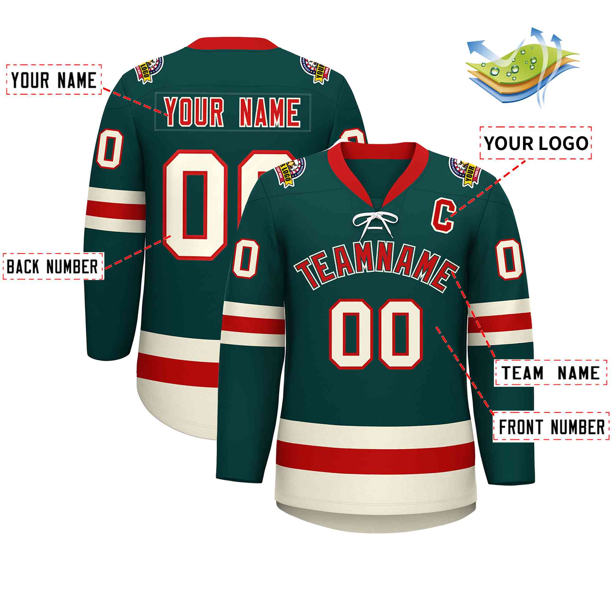Custom Midnight Green Red-Cream Lace-Up Neck Hockey Jersey | KXKSHOP