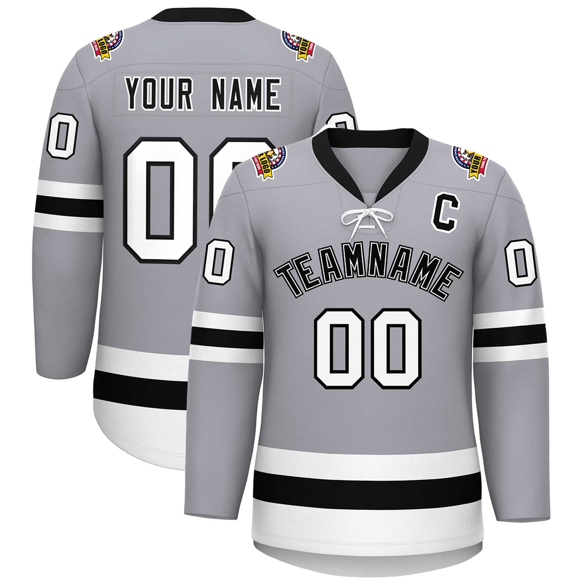 Custom Gray Black-White Lace-Up Neck Hockey Jersey | KXKSHOP