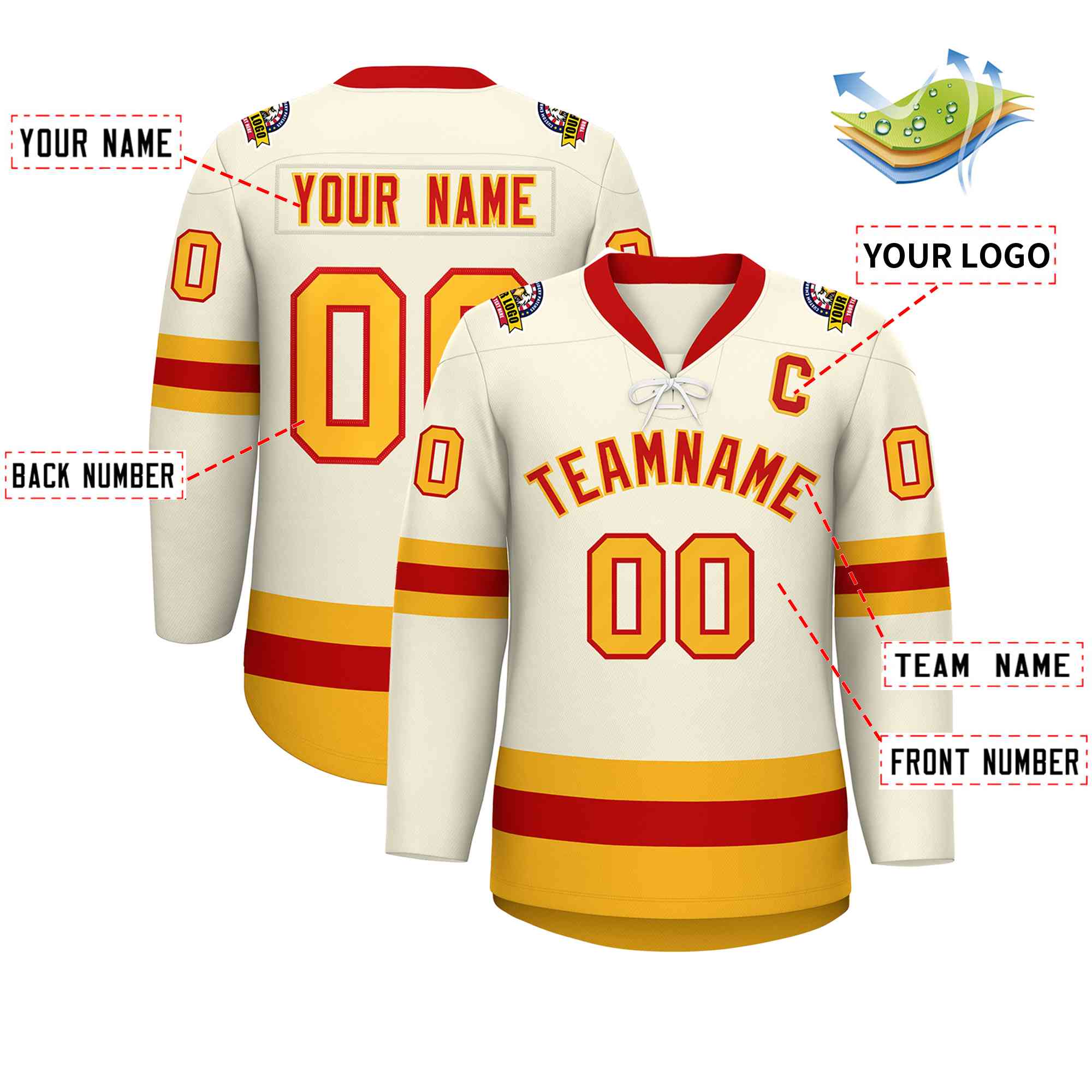 Custom Cream Red-Gold Lace-Up Neck Hockey Jersey | KXKSHOP
