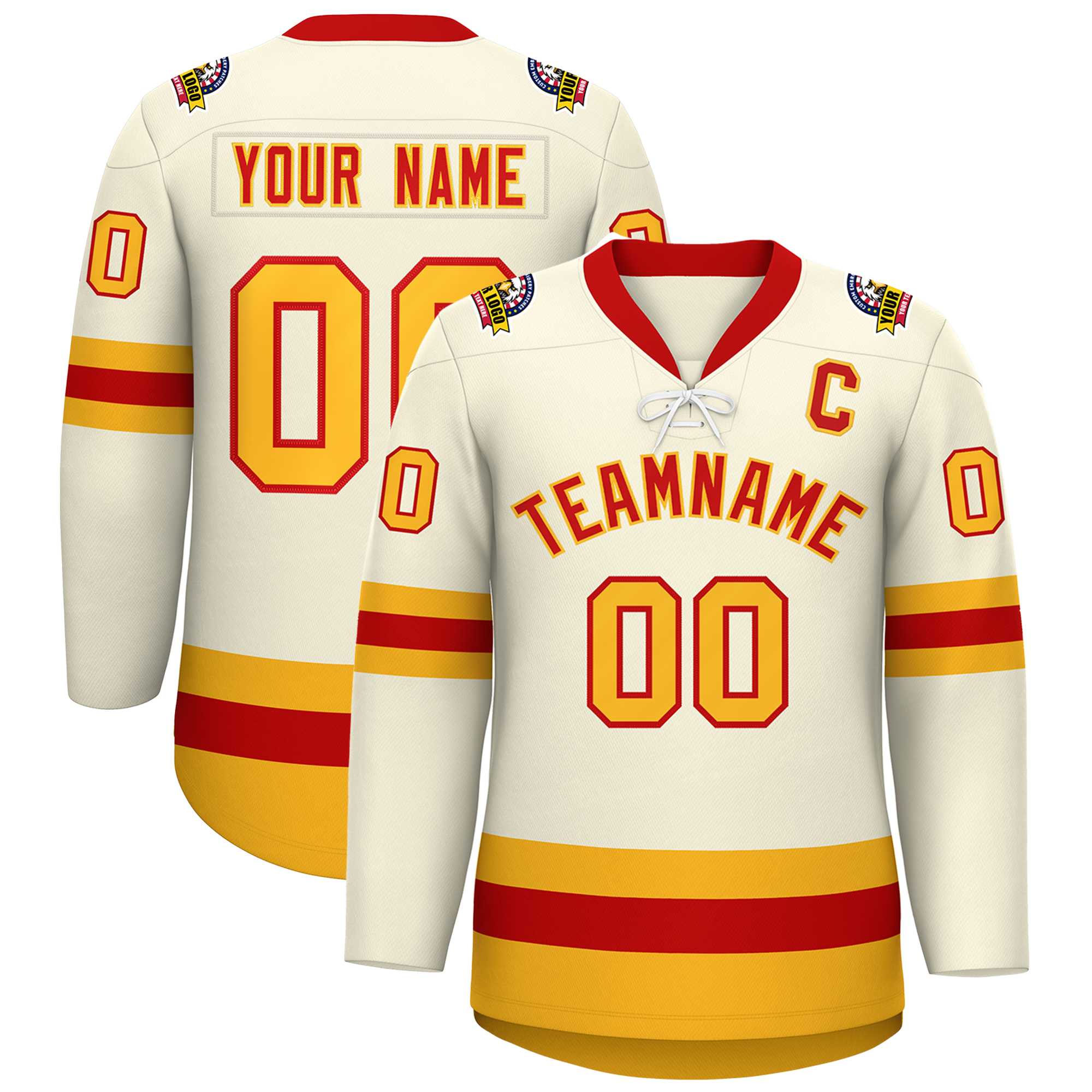 Custom Cream Red-Gold Lace-Up Neck Hockey Jersey | KXKSHOP