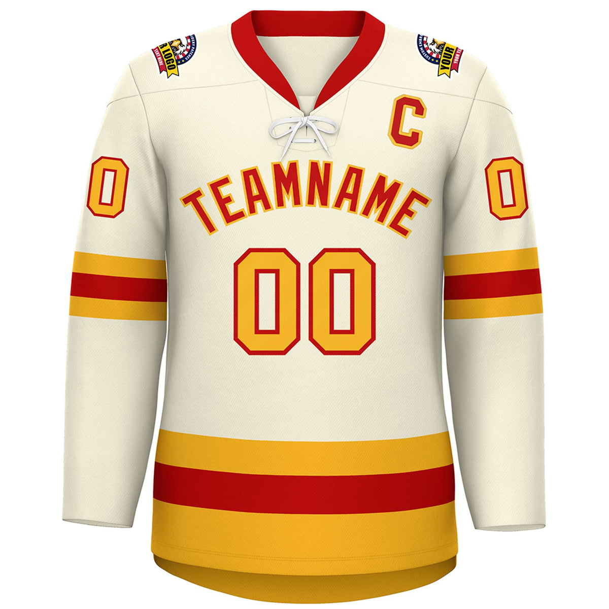 Custom Cream Red-Gold Lace-Up Neck Hockey Jersey | KXKSHOP