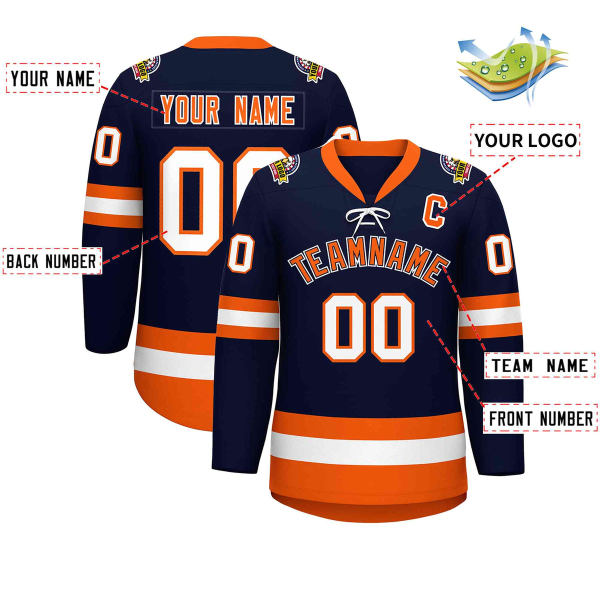 Custom Navy Orange-White Lace-Up Neck Hockey Jersey | KXKSHOP
