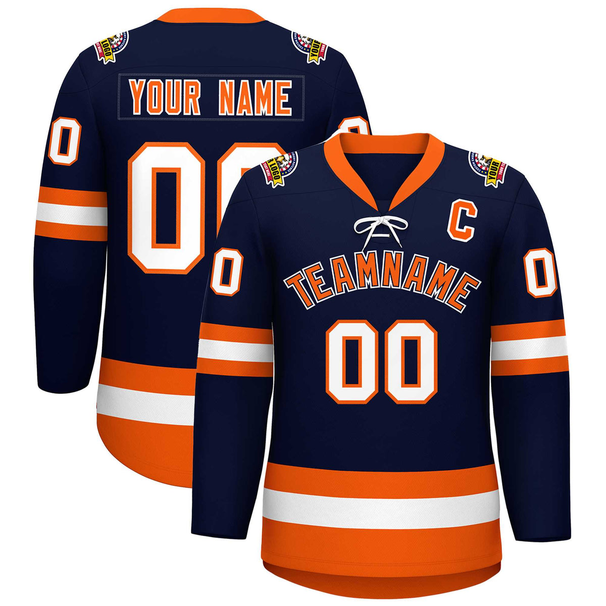 Custom Navy Orange-White Lace-Up Neck Hockey Jersey | KXKSHOP