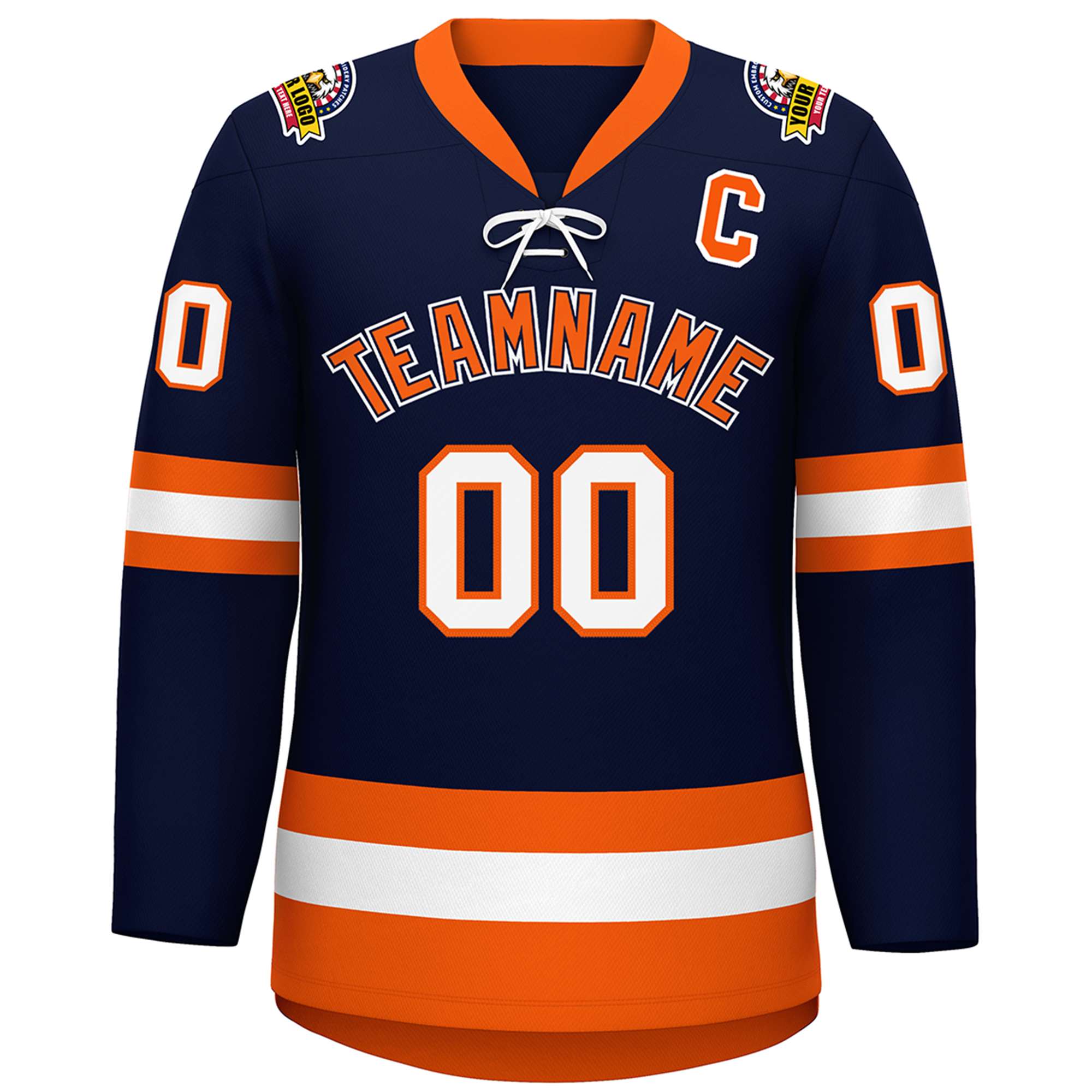 Custom Navy Orange-White Lace-Up Neck Hockey Jersey | KXKSHOP
