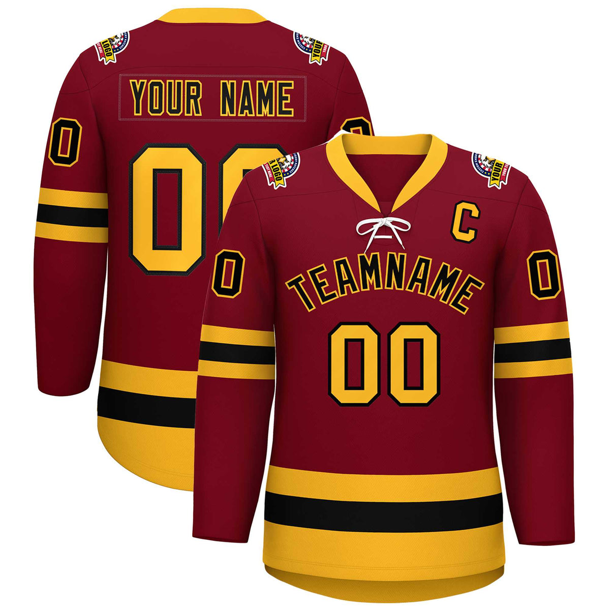 Custom Crimson Black-Gold Lace-Up Neck Hockey Jersey | KXKSHOP
