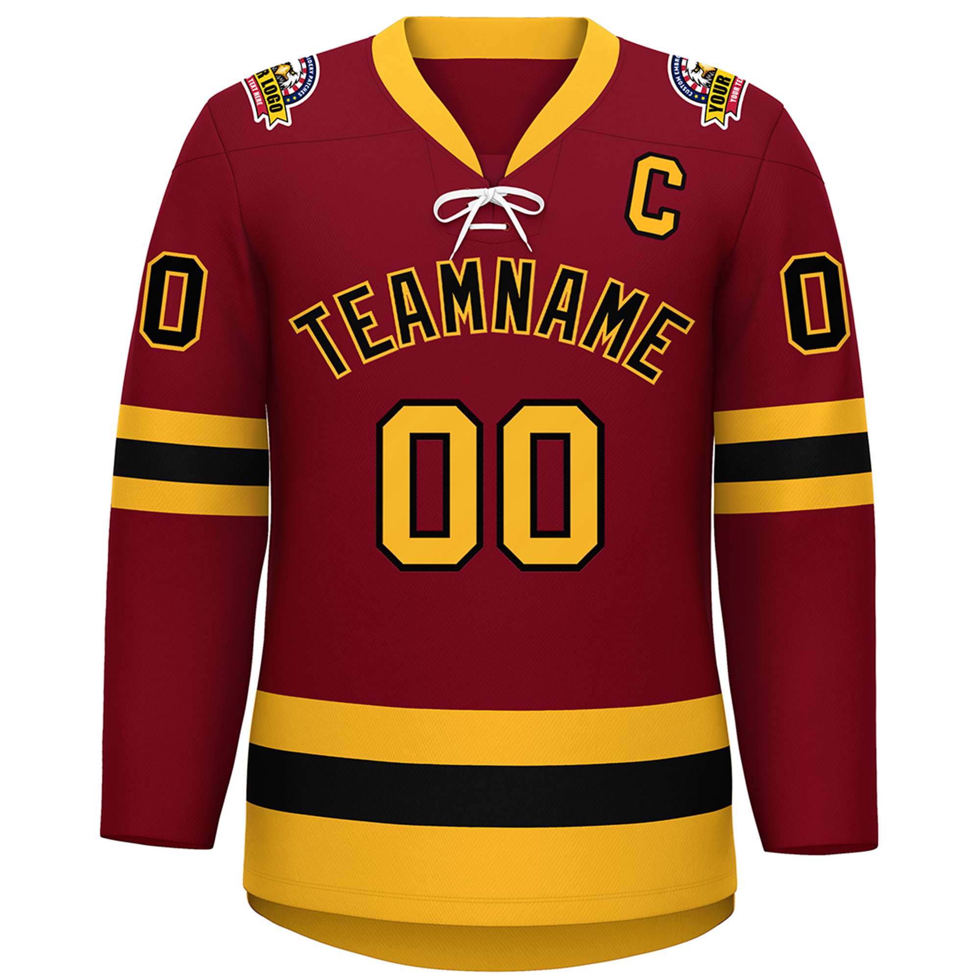 Custom Crimson Black-Gold Lace-Up Neck Hockey Jersey | KXKSHOP
