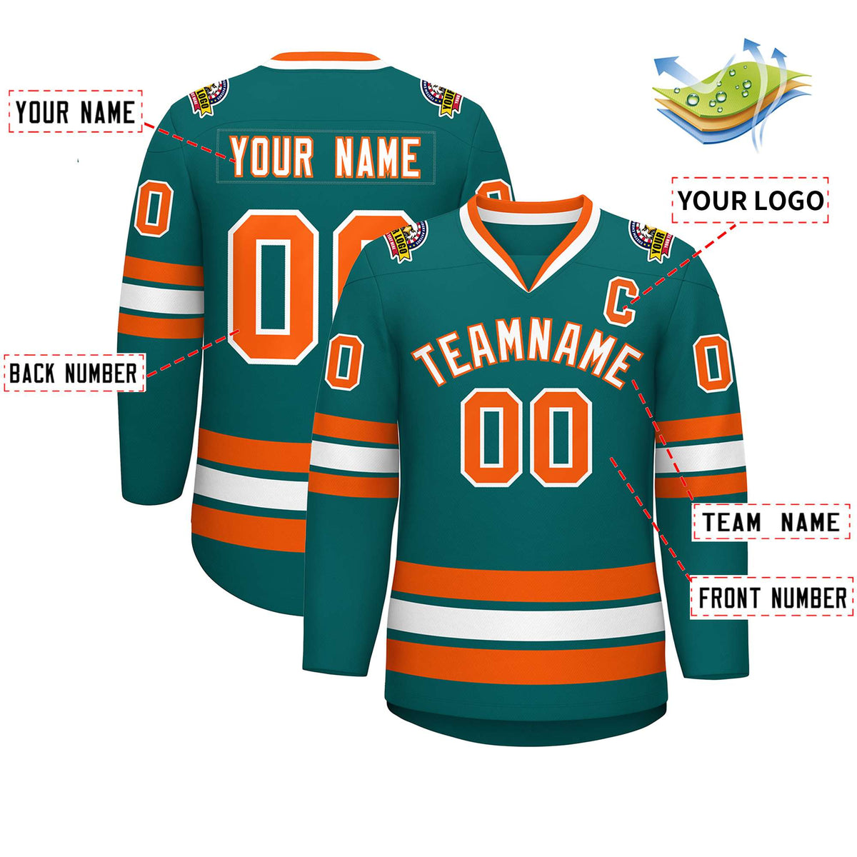 Custom Teal White-Orange Classic Style Hockey Jersey | KXKSHOP