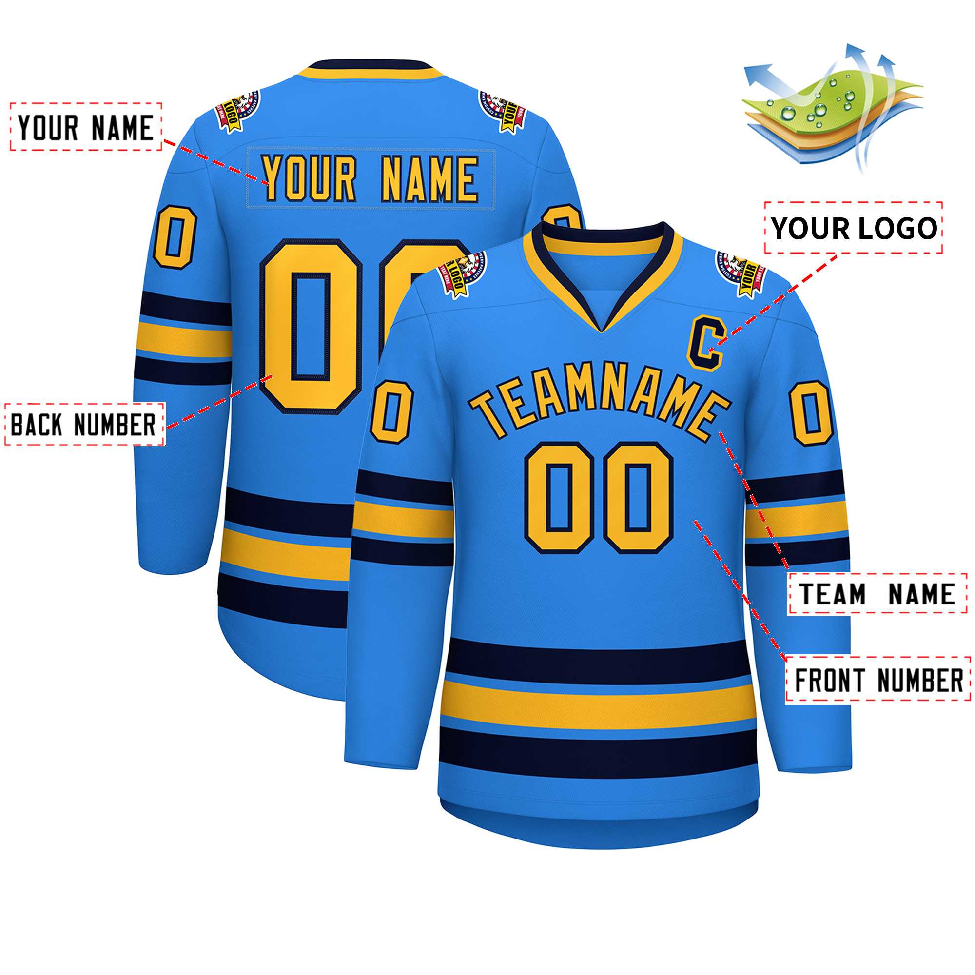 Custom Powder Blue Gold-Navy Classic Style Hockey Jersey | KXKSHOP