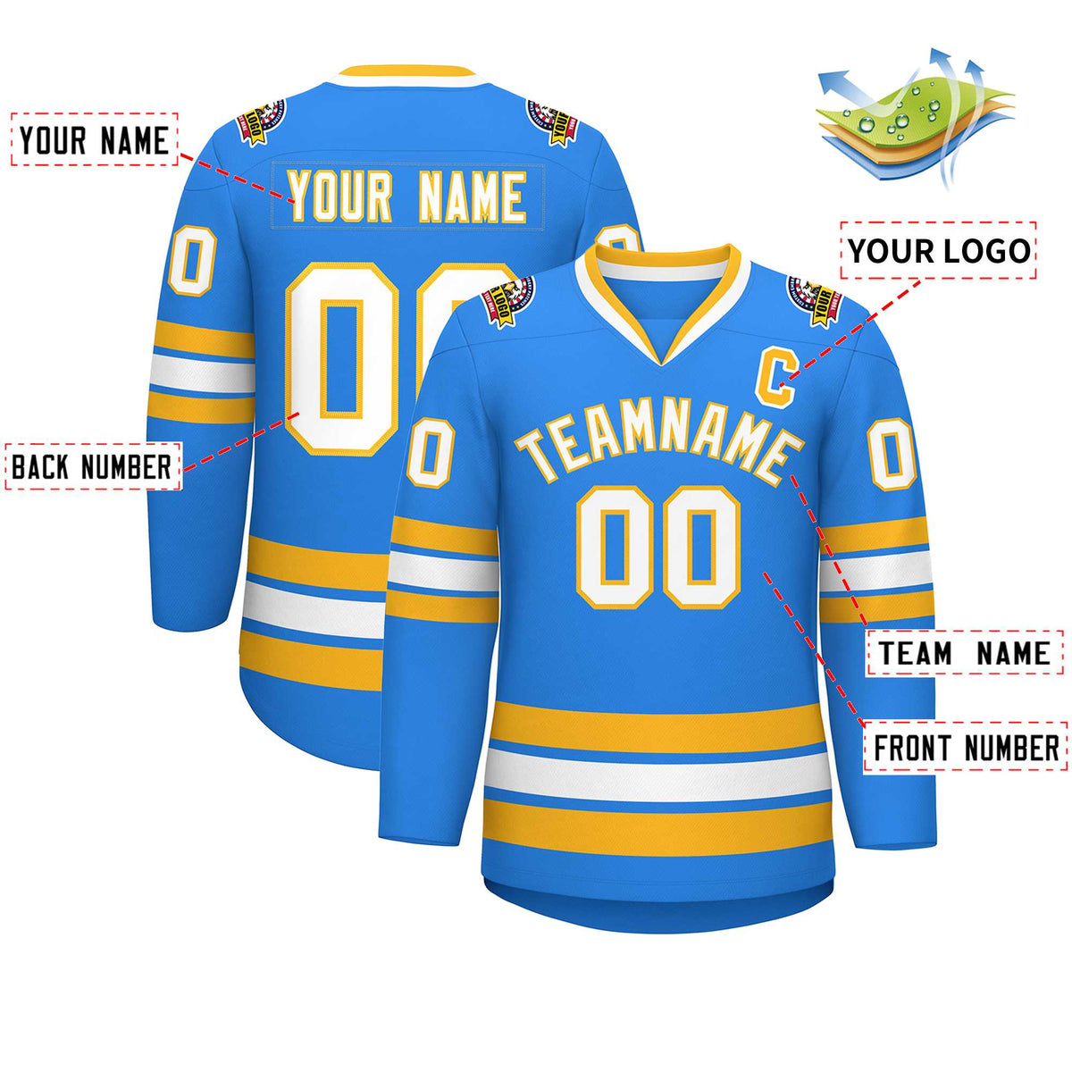 Custom Powder Blue White-Gold Classic Style Hockey Jersey | KXKSHOP
