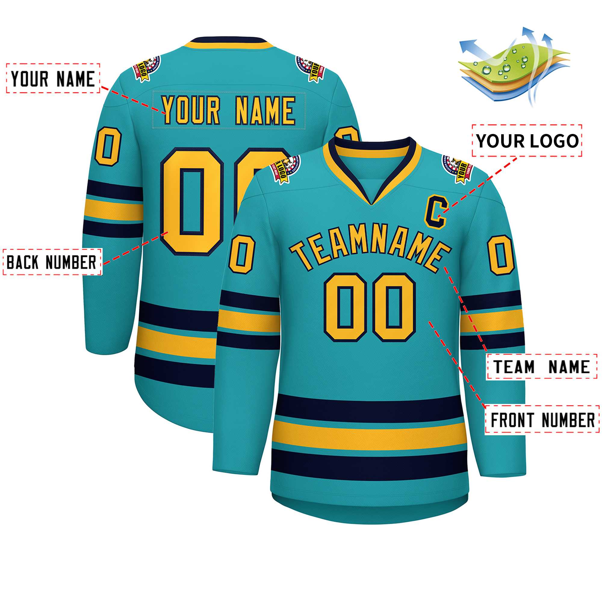 Custom Aqua Gold-Navy Classic Style Hockey Jersey | KXKSHOP