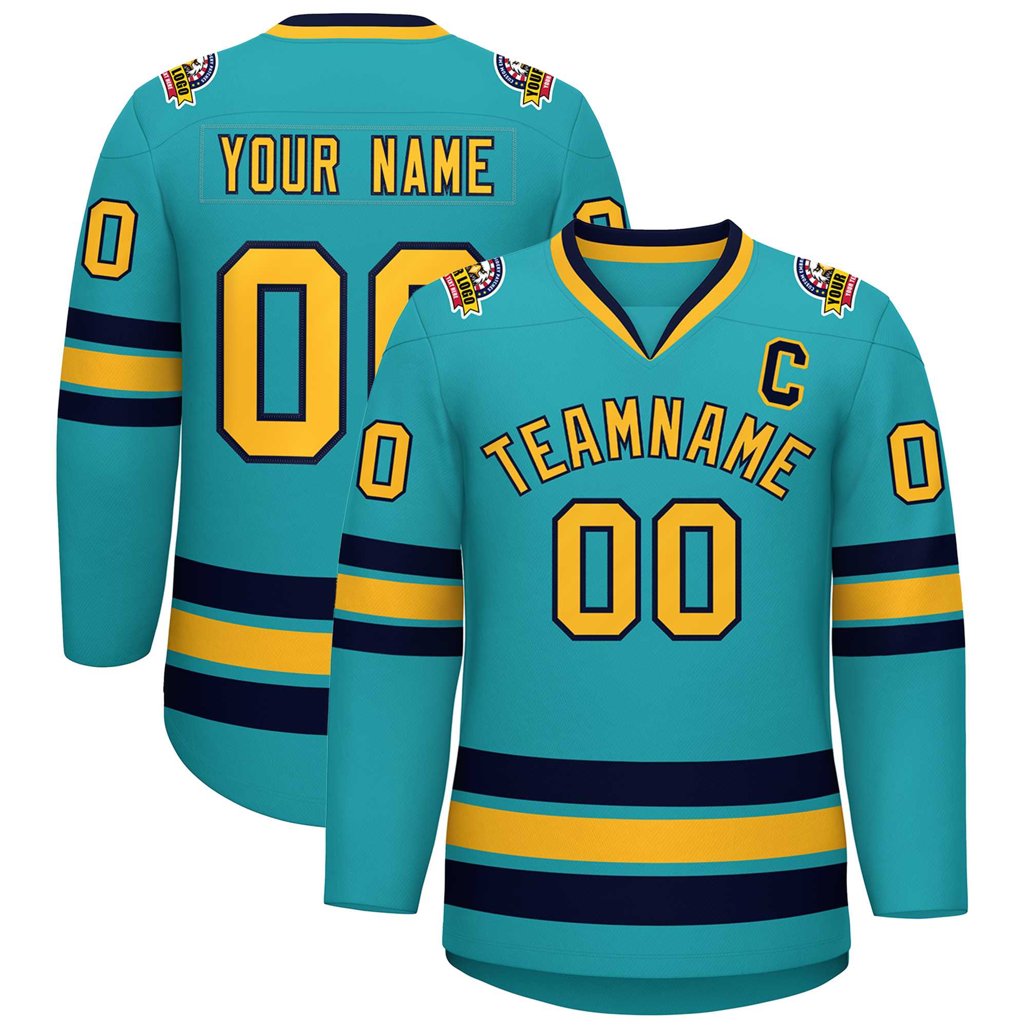 Custom Aqua Gold-Navy Classic Style Hockey Jersey | KXKSHOP