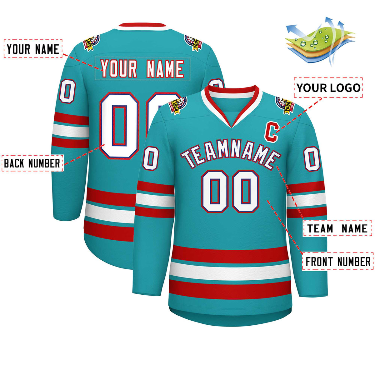 Custom Aqua White Royal-Red Classic Style Hockey Jersey | KXKSHOP