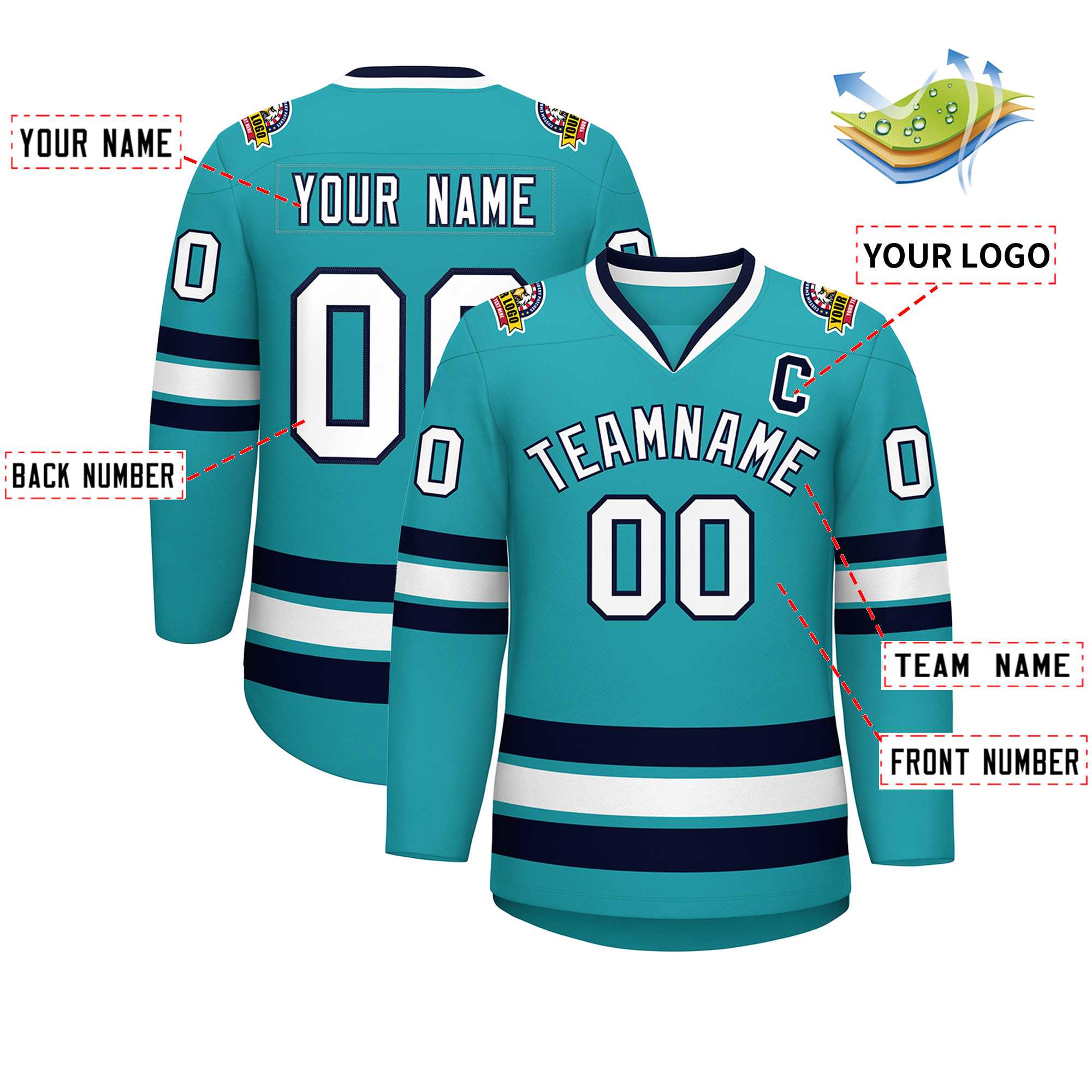 Custom Aqua White-Navy Classic Style Hockey Jersey | KXKSHOP