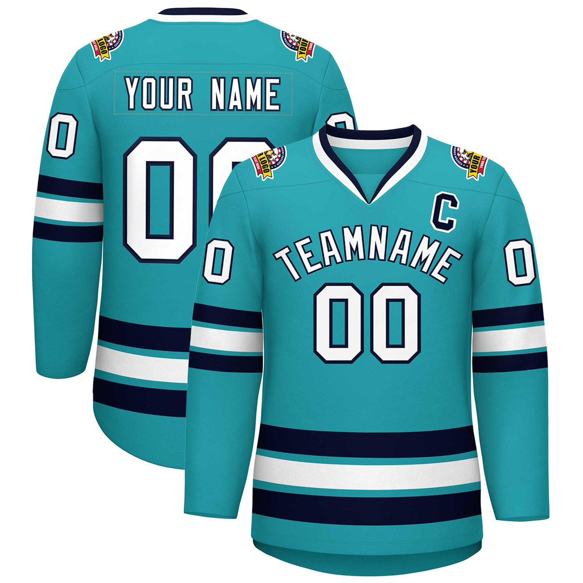 Custom Aqua White-Navy Classic Style Hockey Jersey | KXKSHOP