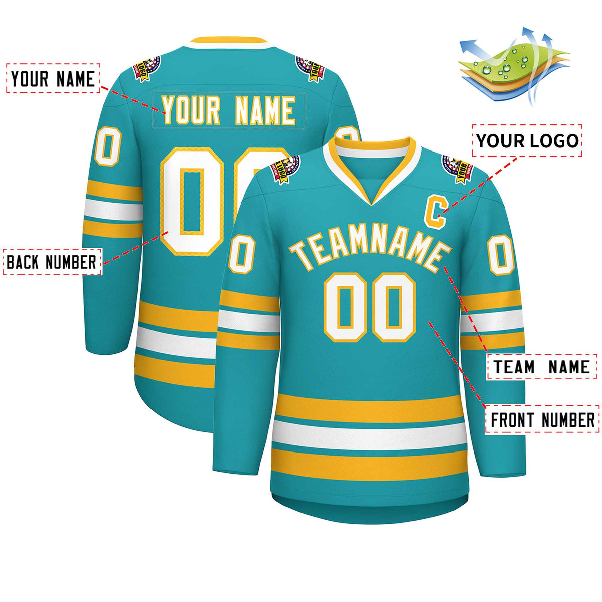 Custom Aqua White-Gold Classic Style Hockey Jersey | KXKSHOP