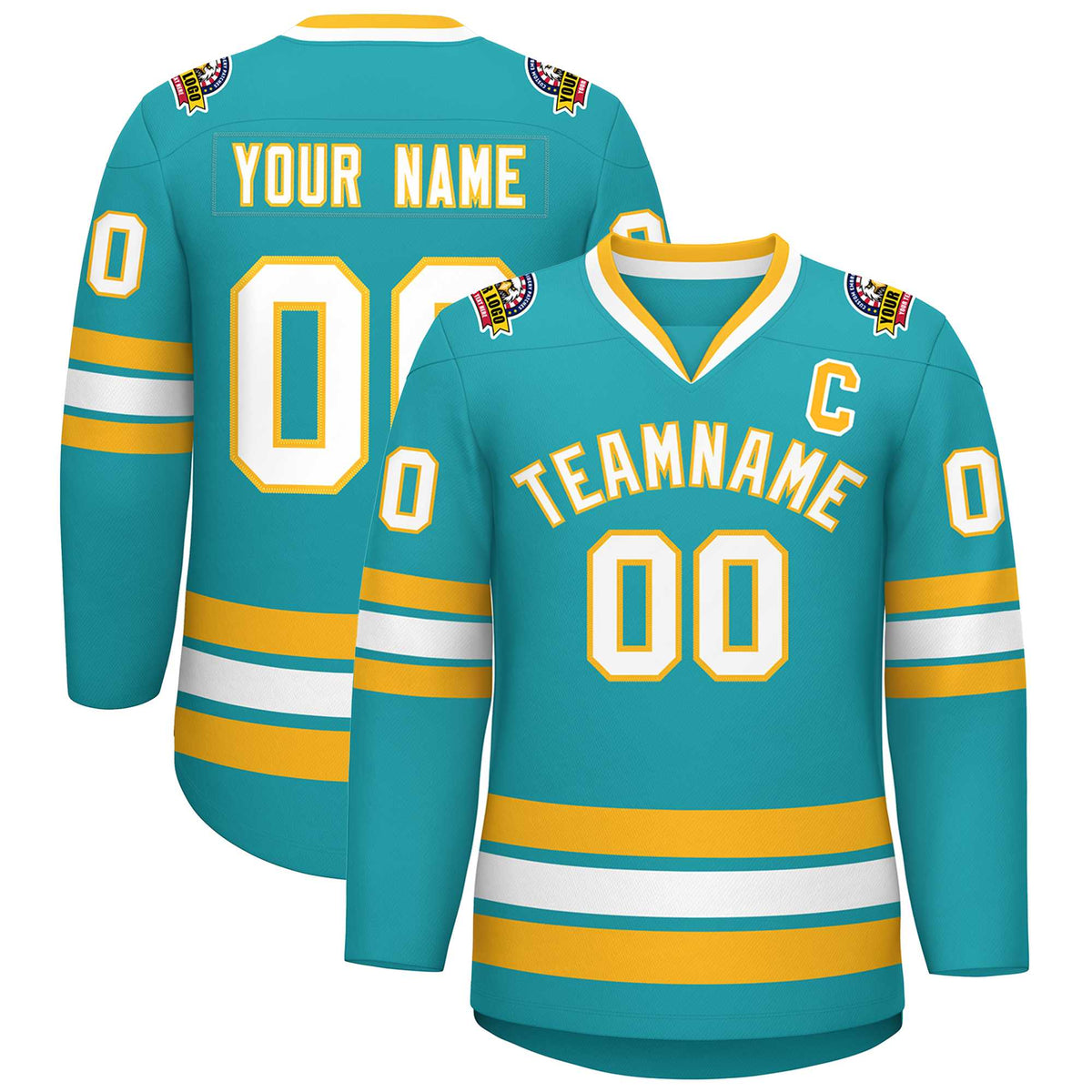 Custom Aqua White-Gold Classic Style Hockey Jersey | KXKSHOP