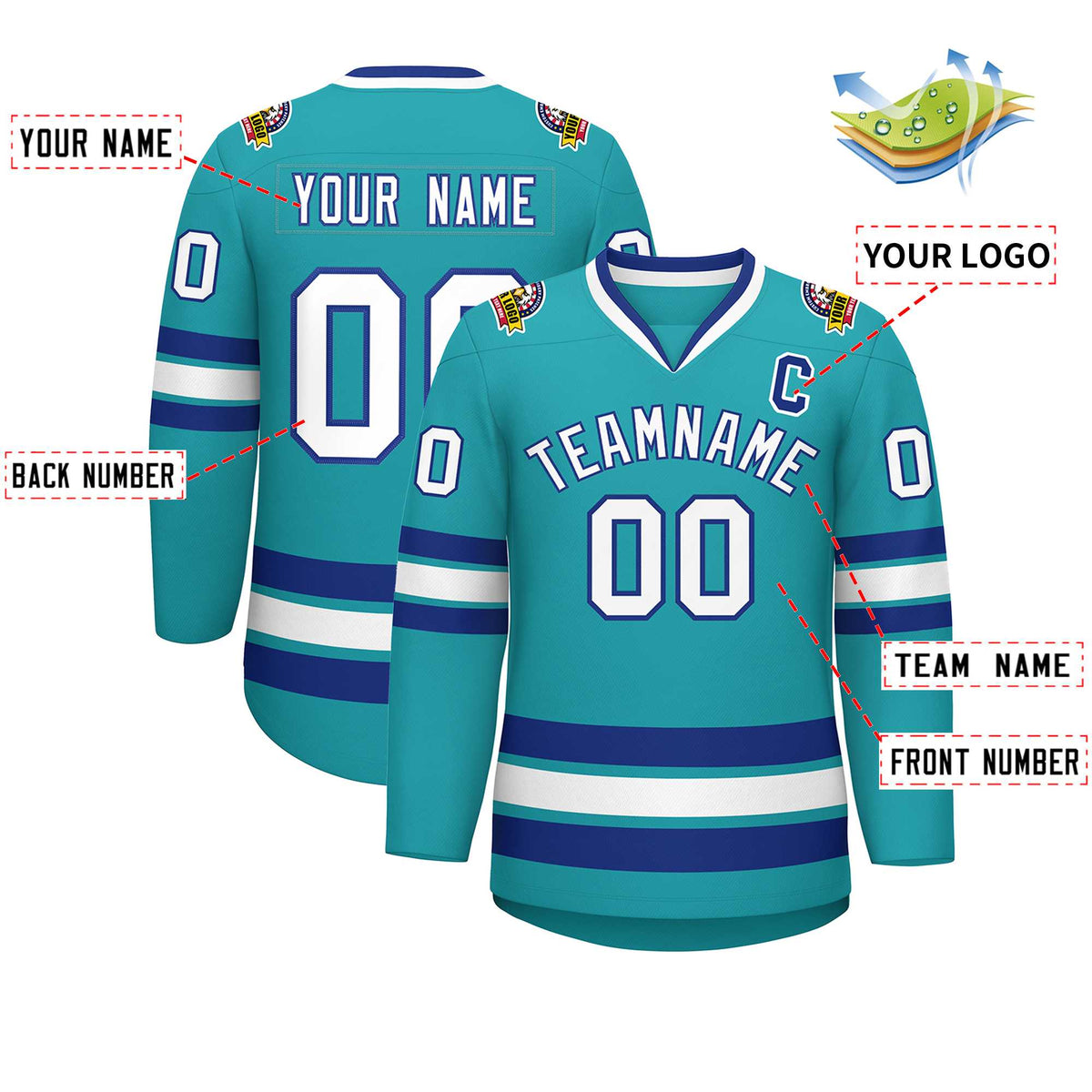 Custom Aqua White-Royal Classic Style Hockey Jersey | KXKSHOP