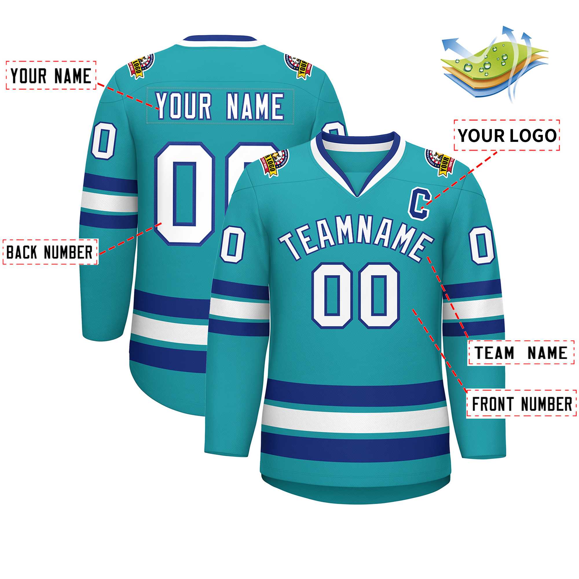 Custom Aqua White-Royal Classic Style Hockey Jersey | KXKSHOP