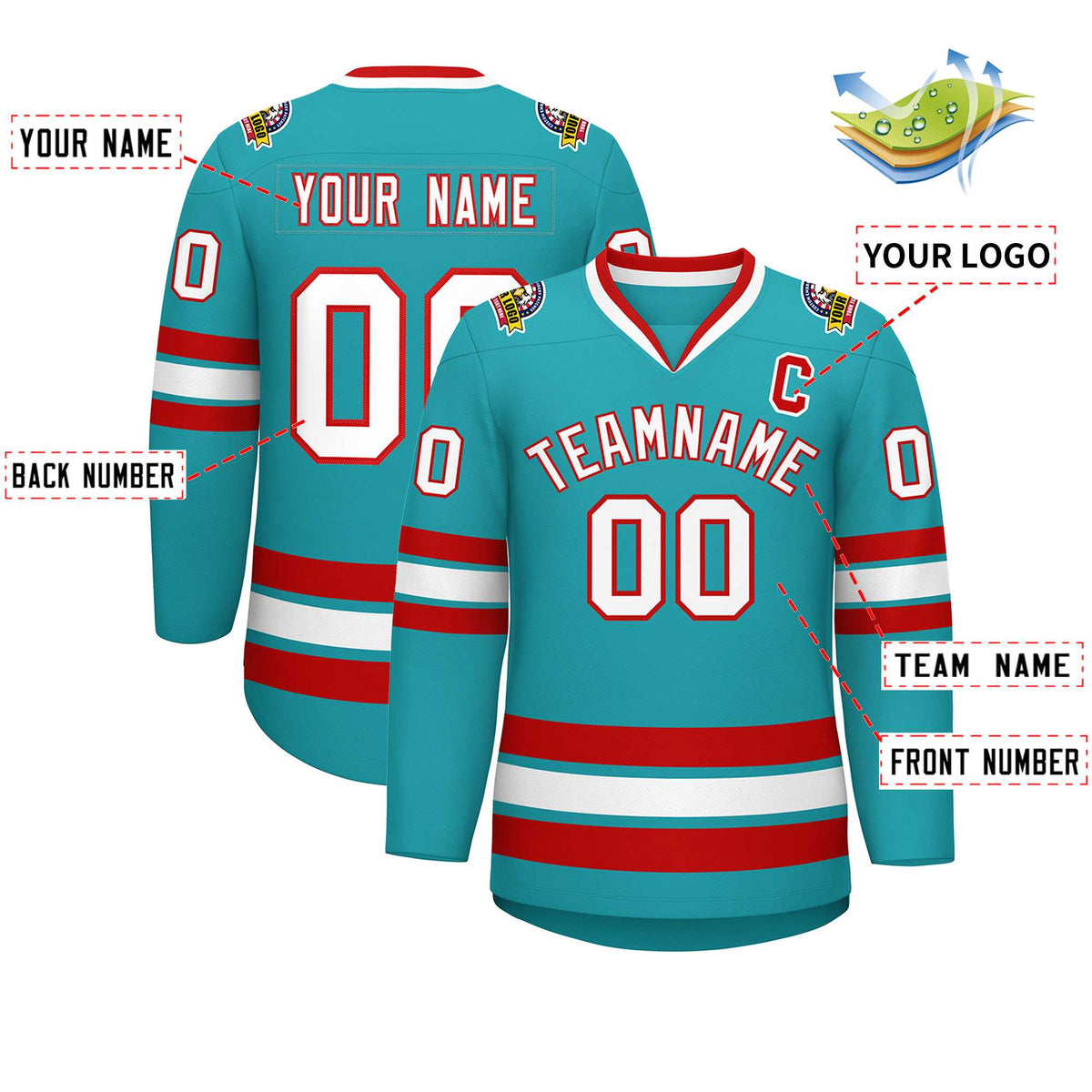 Custom Aqua White-Red Classic Style Hockey Jersey | KXKSHOP