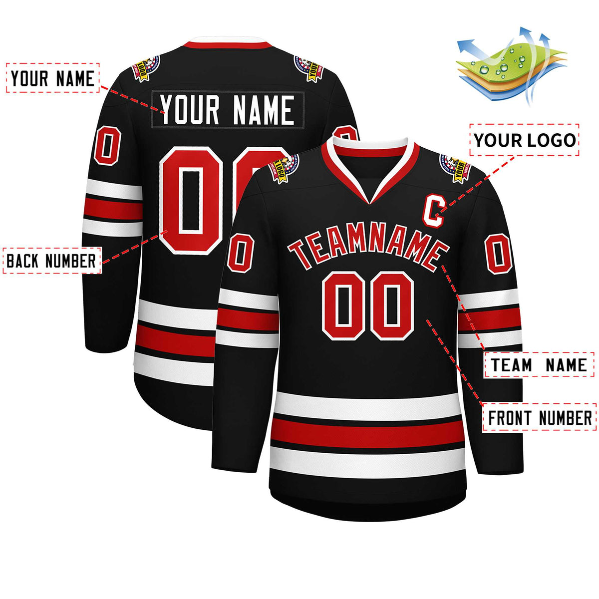 Custom Black Red-White Classic Style Hockey Jersey | KXKSHOP