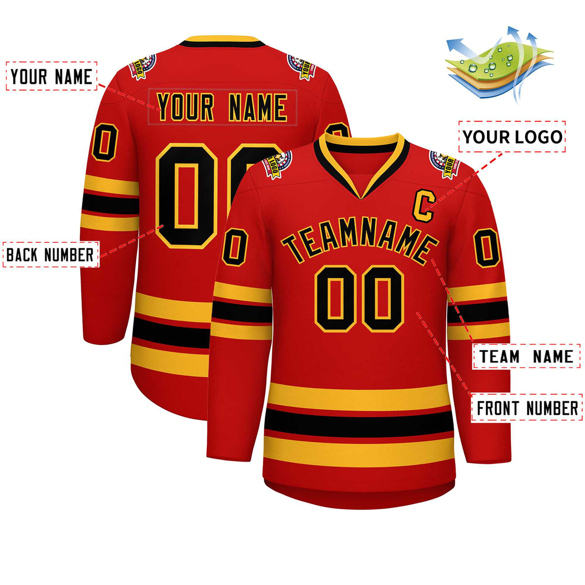 Custom Red Black-Gold Classic Style Hockey Jersey | KXKSHOP