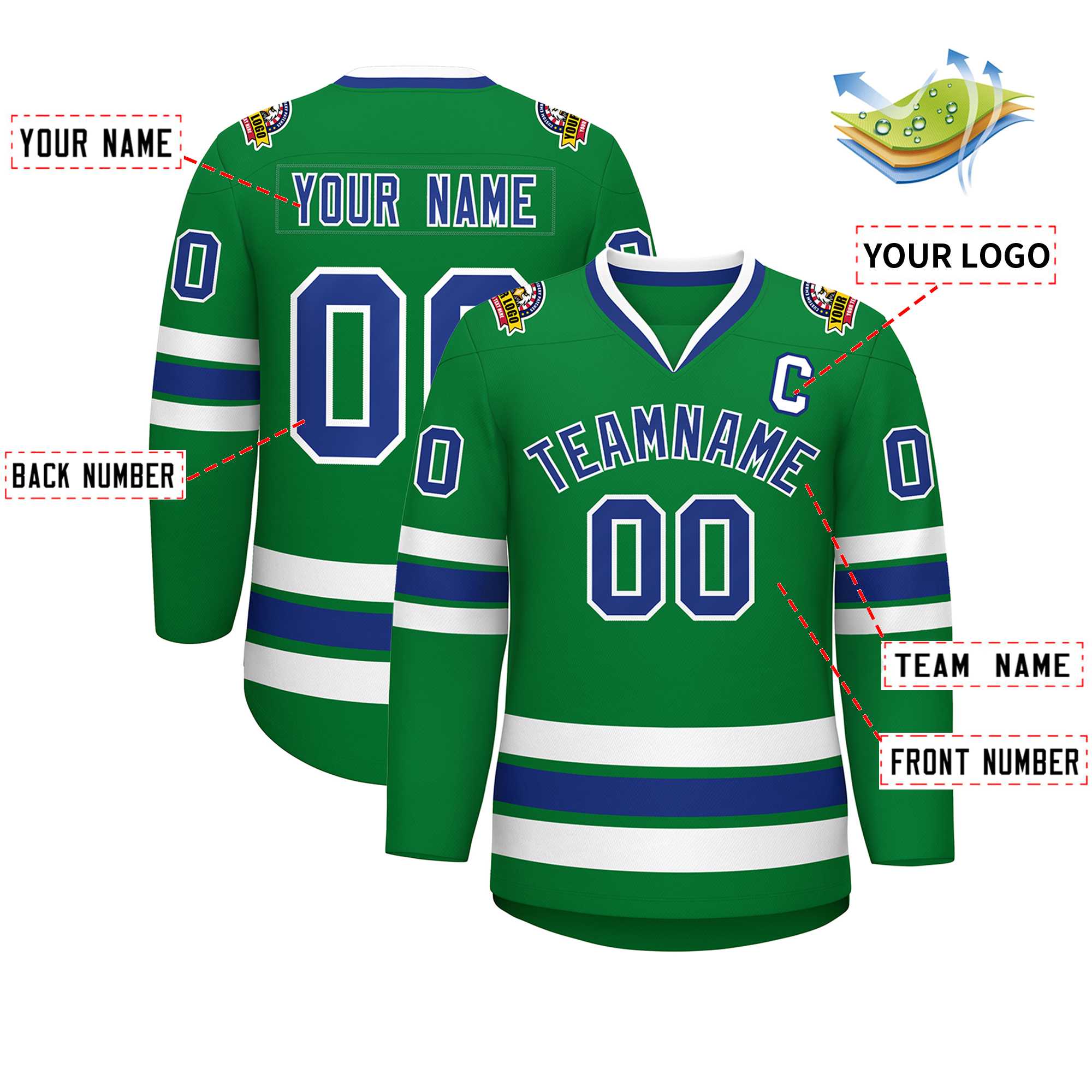 Custom Kelly Green Royal-White Classic Style Hockey Jersey | KXKSHOP
