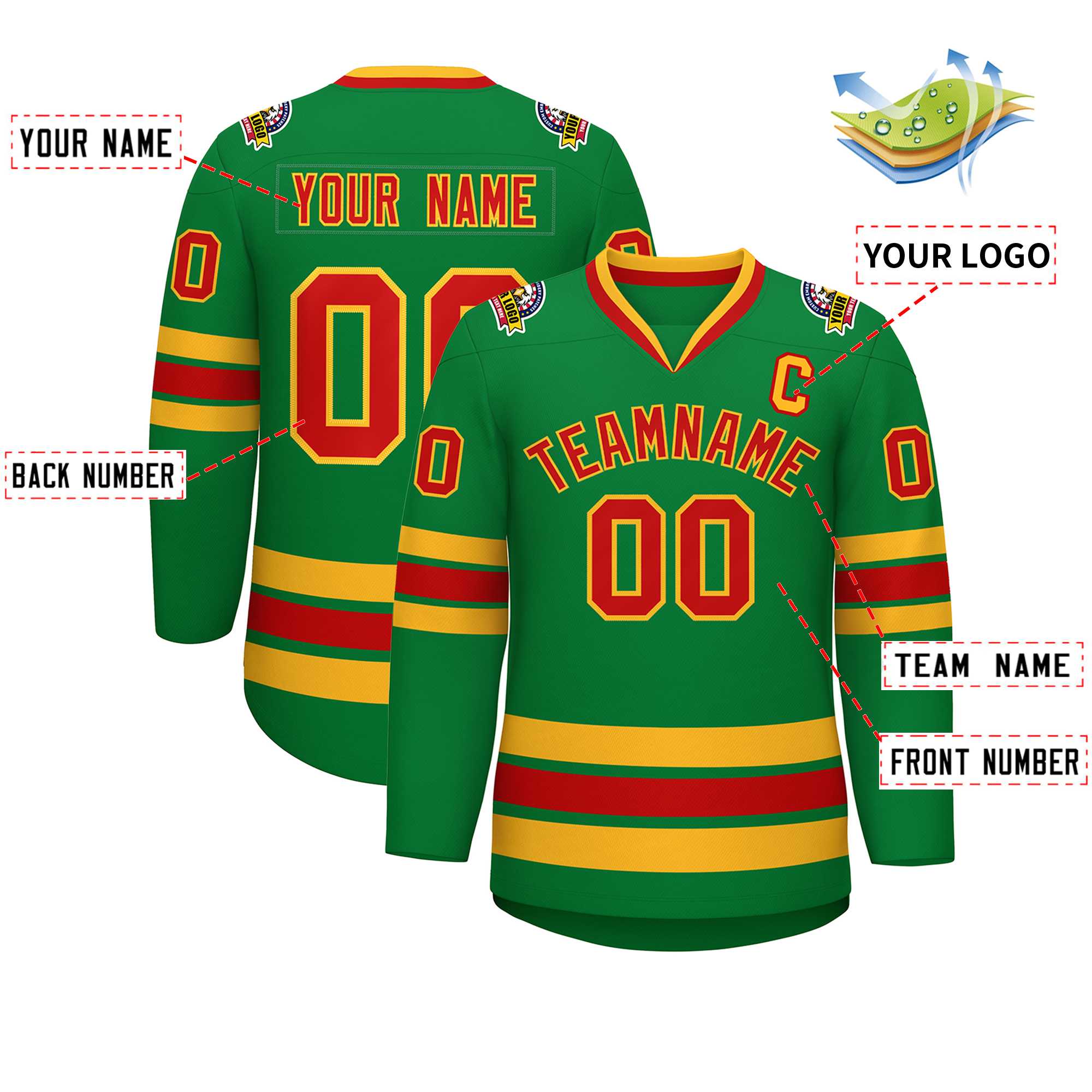 Custom Kelly Green Red-Gold Classic Style Hockey Jersey | KXKSHOP