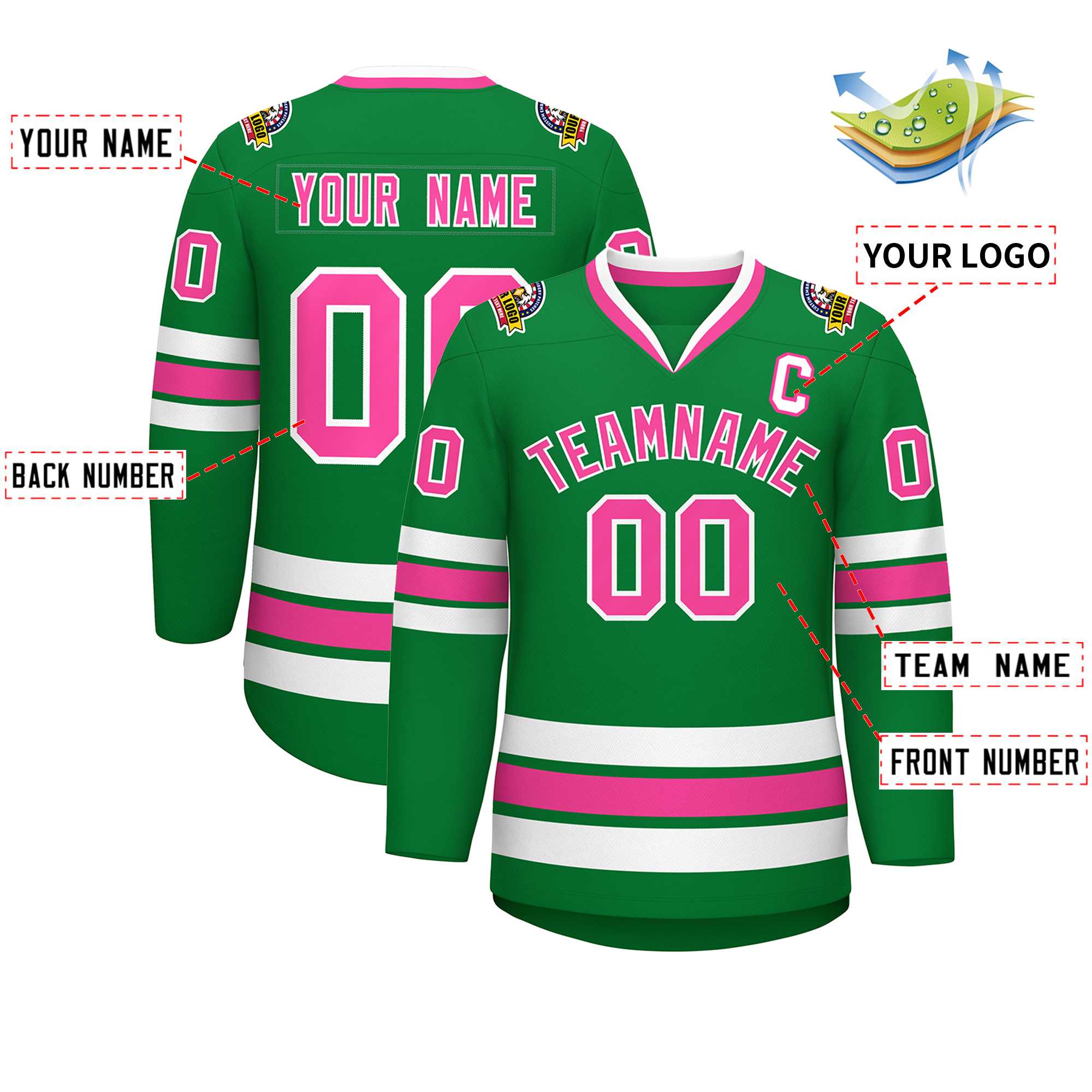 Custom Kelly Green Pink-White Classic Style Hockey Jersey | KXKSHOP
