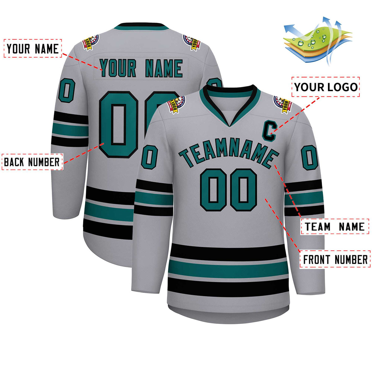 Custom Gray Aqua-Black Classic Style Hockey Jersey | KXKSHOP
