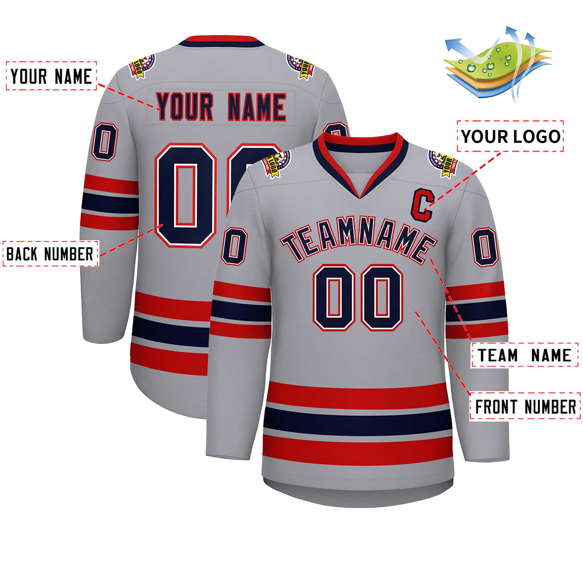 Custom Gray Navy White-Red Classic Style Hockey Jersey | KXKSHOP