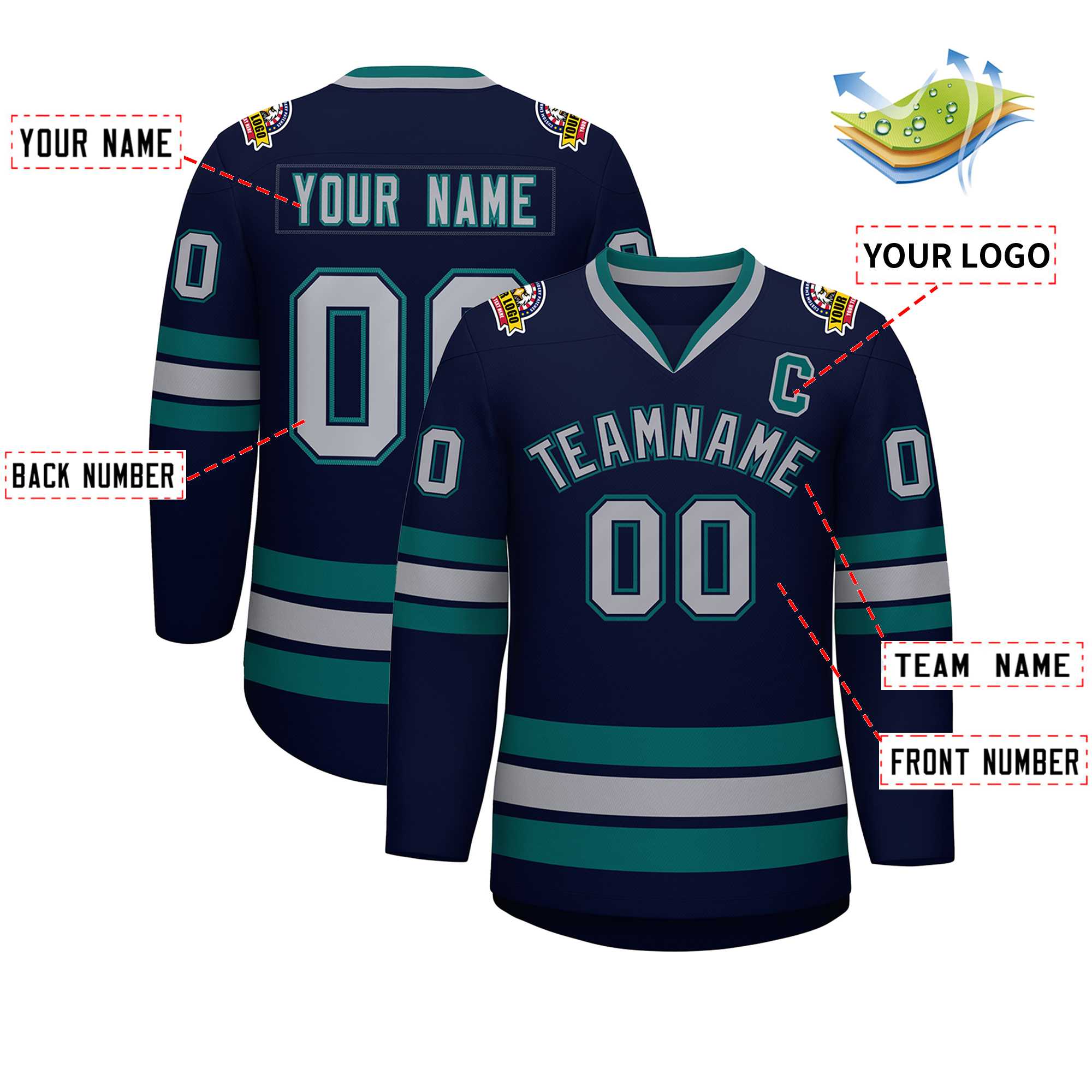 Custom Navy Gray Navy-Aqua Classic Style Hockey Jersey | KXKSHOP