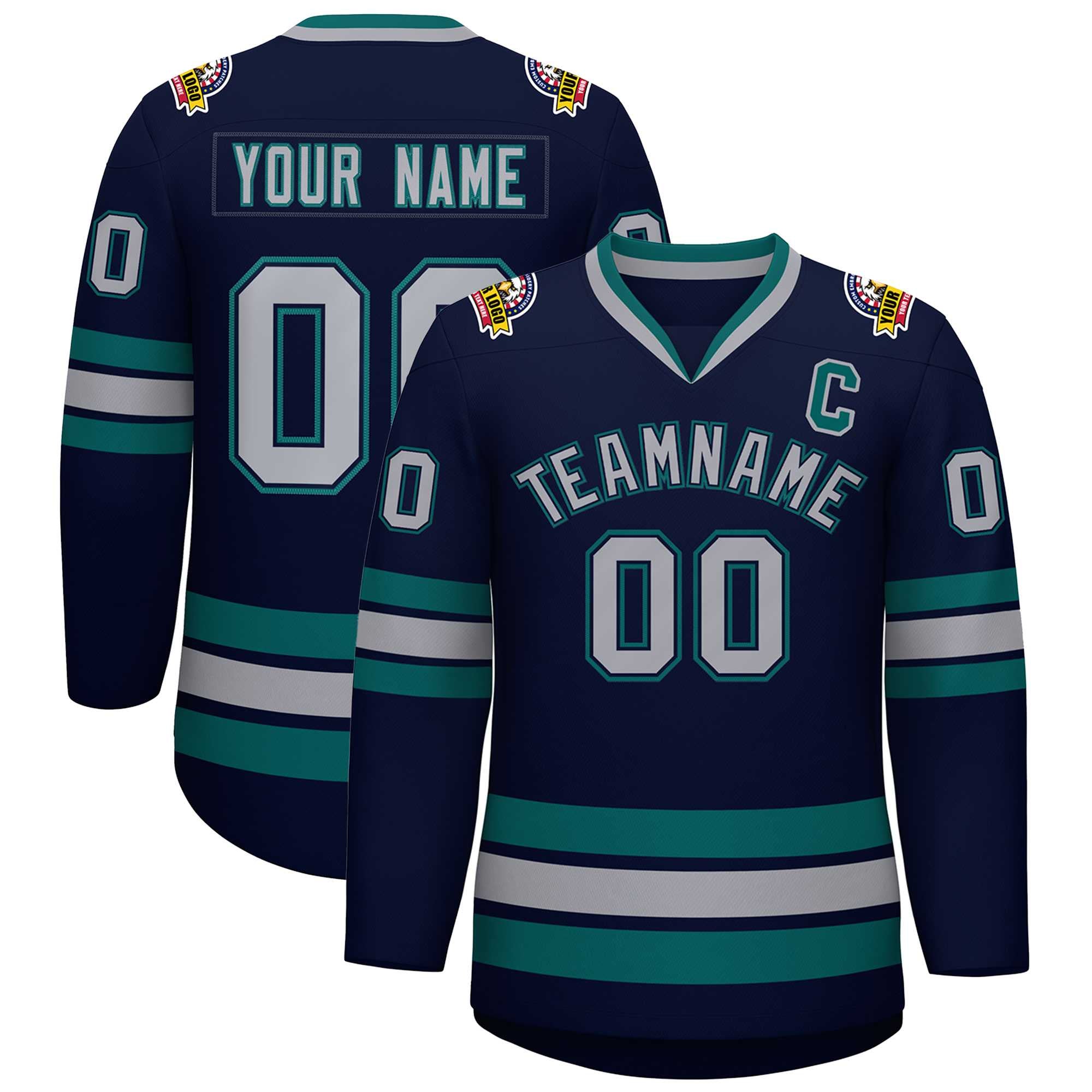 Custom Navy Gray Navy-Aqua Classic Style Hockey Jersey | KXKSHOP