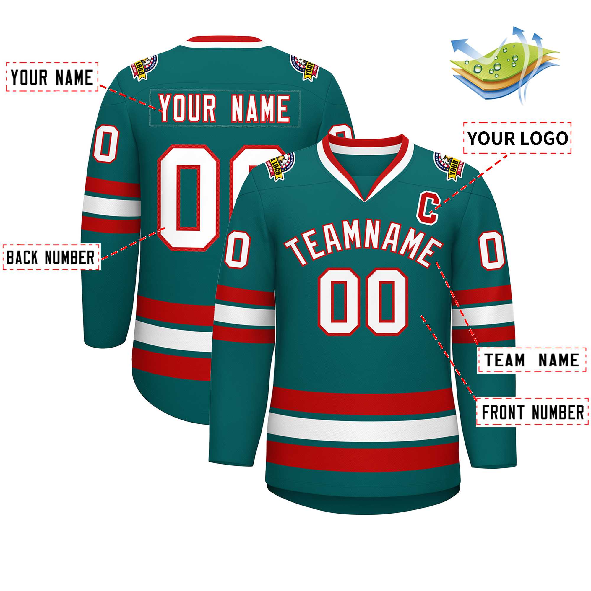 Custom Aqua White-Red Classic Style Hockey Jersey | KXKSHOP