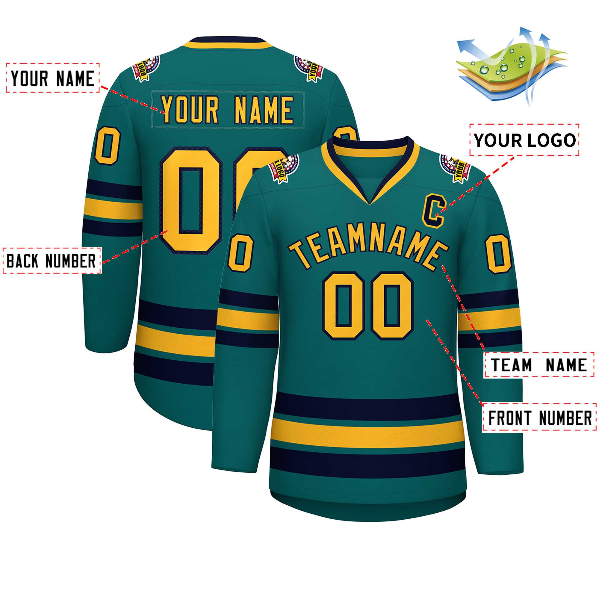 Custom Aqua Gold-Navy Classic Style Hockey Jersey | KXKSHOP