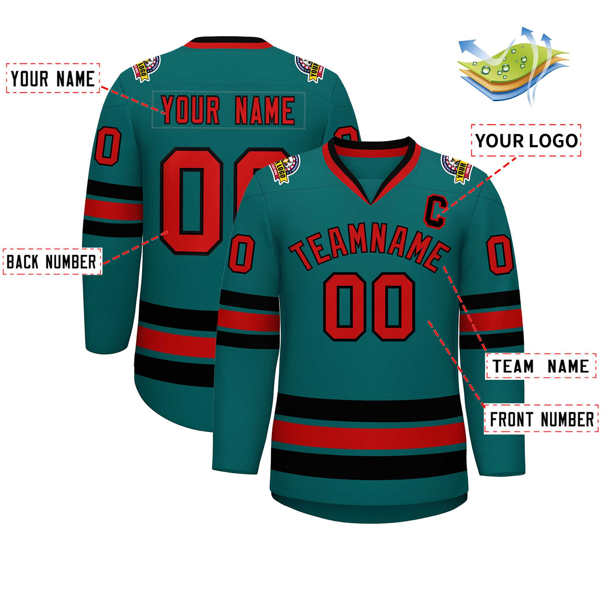 Custom Aqua Red-Black Classic Style Hockey Jersey | KXKSHOP