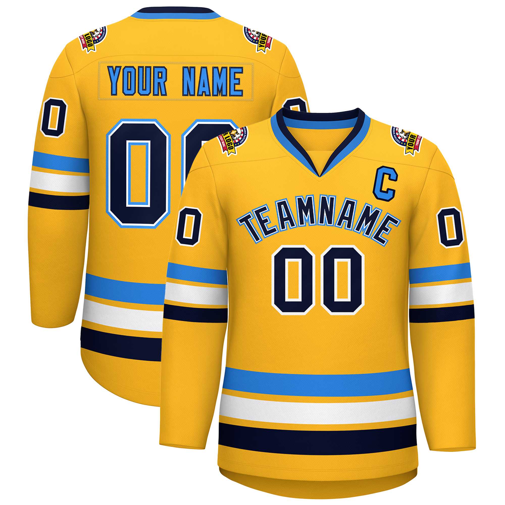 Custom Gold Navy White-Powder Blue Classic Style Hockey Jersey | KXKSHOP