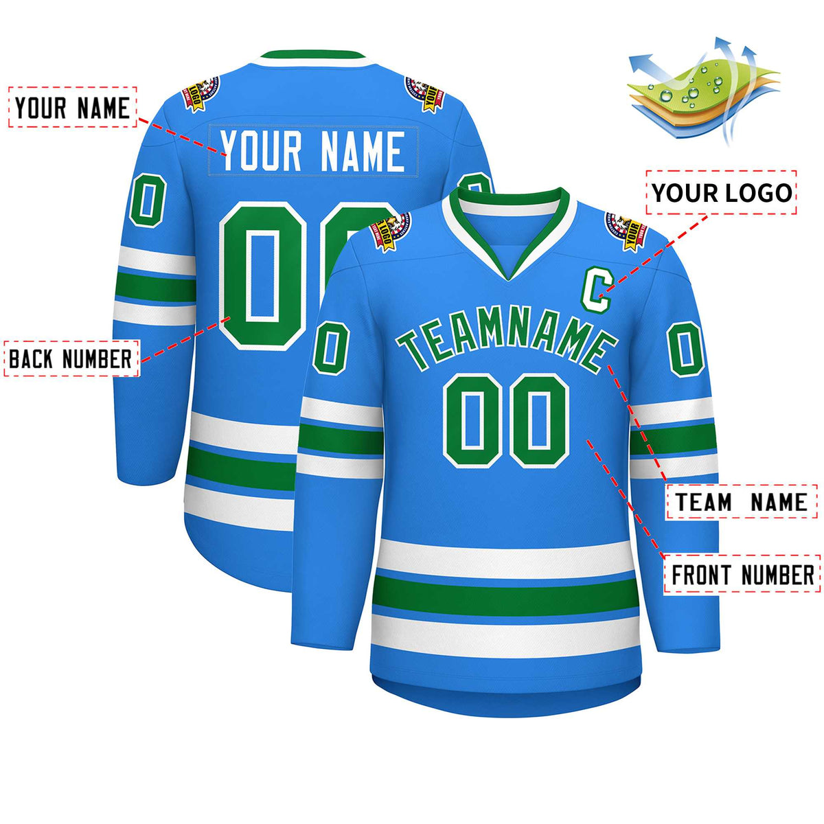 Custom Powder Blue Kelly Green-White Classic Style Hockey Jersey | KXKSHOP